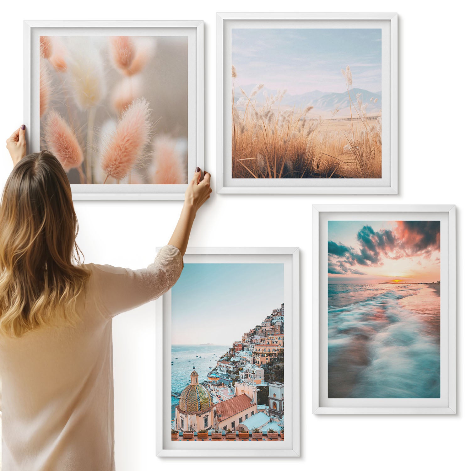 Galeria ścienna 4-częściowy komplet obrazów w białych ramach - Widok morza zachód słońca kolorowe domy kwiaty - ArtPrintCave
