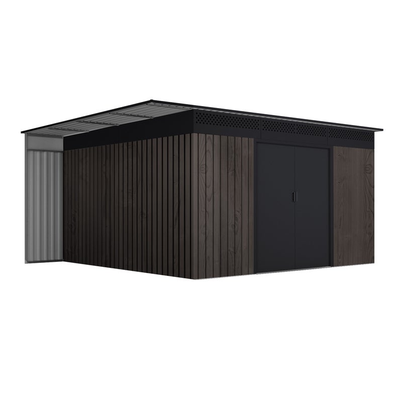 **Domek Ogrodowy 13,2 m² Robin – Efekt drewna – Boczne zadaszenie na drewno – Drzwi przesuwne**
