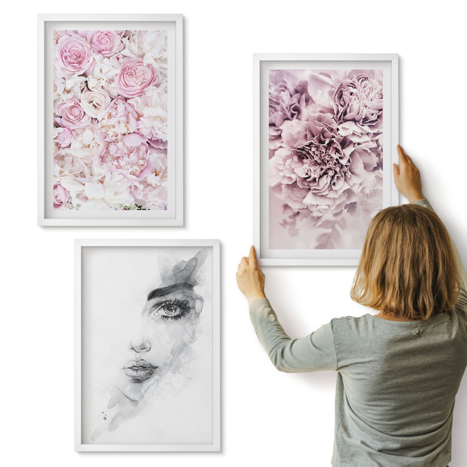 Galeria ścienna 3-częściowy komplet obrazów w białych ramach - Delikatne piwonie czarno-biały portret kobiety - ArtPrintCave