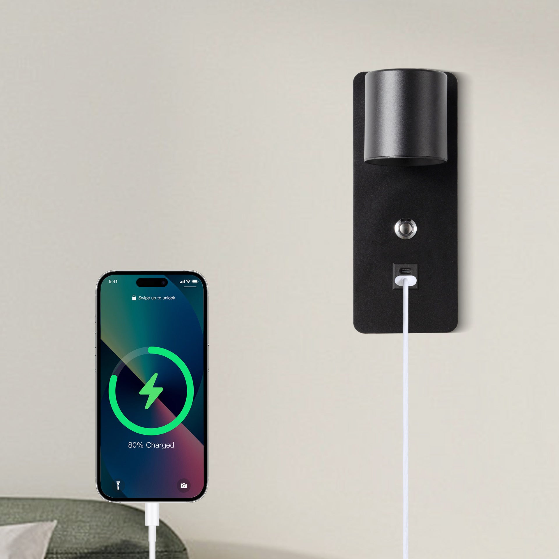 Ścienna Lampa LED z Regulacją Jasności – 3 Temperatura Koloru, Porty USB-C, Nocna Lampa 10W, Podłączana Lampka Nocna do Czytania
