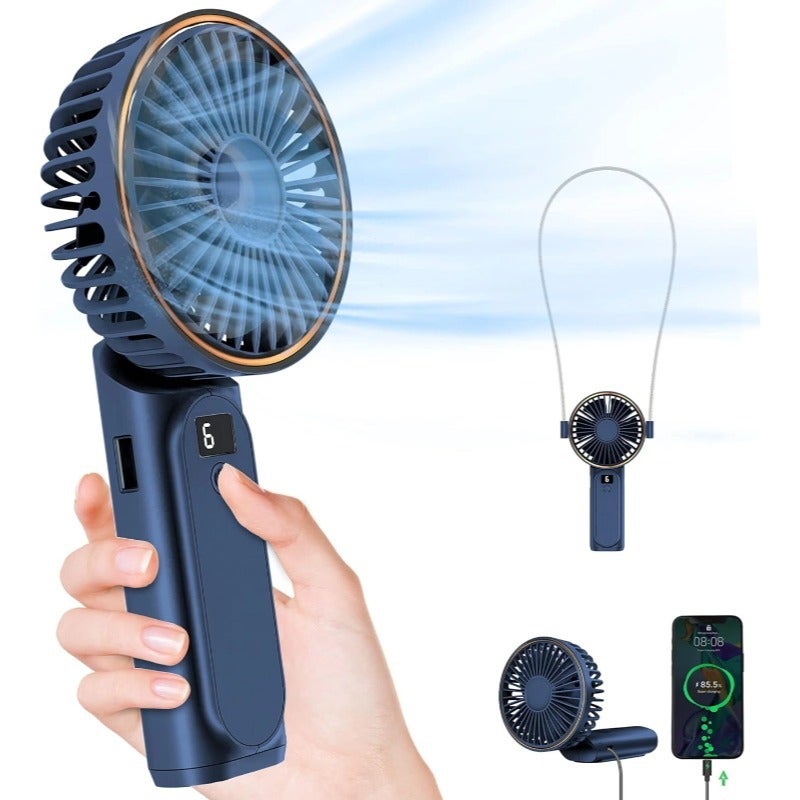 Ciemnoniebieski przenośny wentylator ręczny, składany mini wentylator 180°, 6 prędkości, wyświetlacz LCD, bardzo cichy, 3600 mAh, kieszonkowy rozmiar