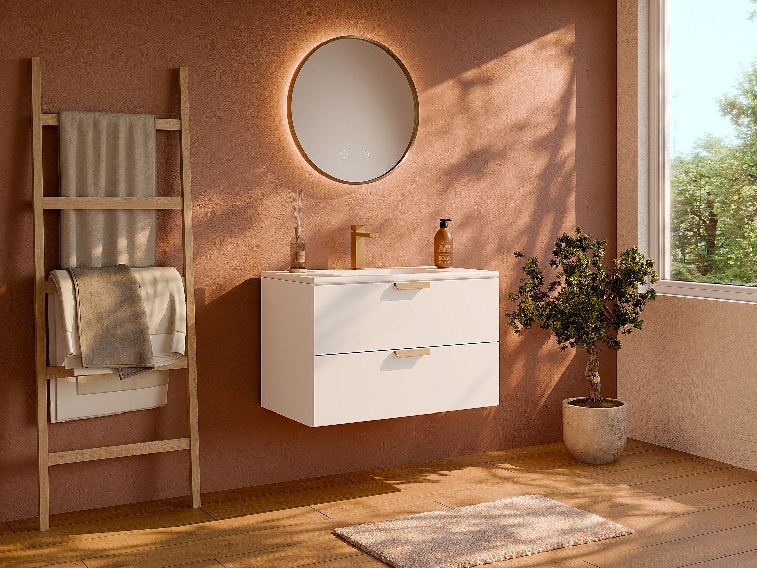 Wisząca szafka łazienkowa z umywalką wpuszczaną w blat, baterią i lustrem – Biała – Szer80 cm – AVORELI