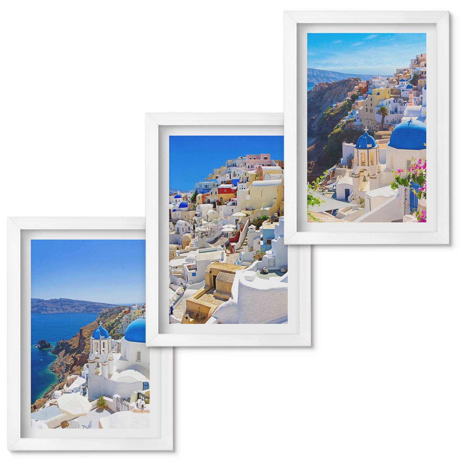 Zestaw obrazów w ramie - 3 części | Krajobraz architektury widoki miasta Oia Santorini Grecja | Biała ramka
