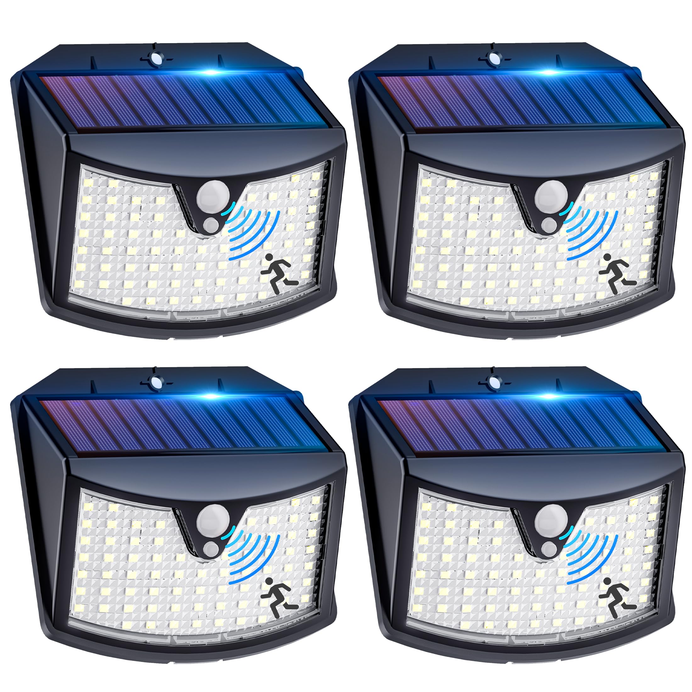 Oświetlenie słoneczne zewnętrzne 4 sztuki, solarna lampa ścienna z detekcją ciała, światło białe, 70LED