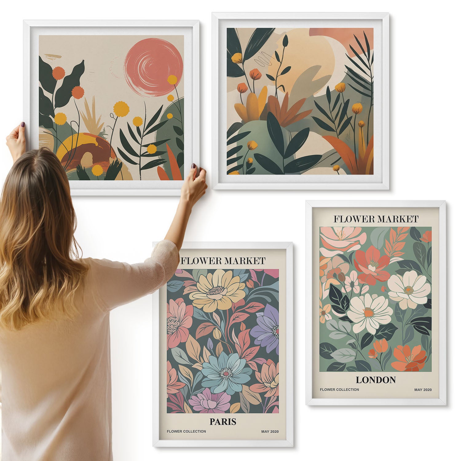 Galeria ścienna 4-częściowy komplet obrazów w białych ramach - Postery kwiatowe Paryż Londyn - ArtPrintCave