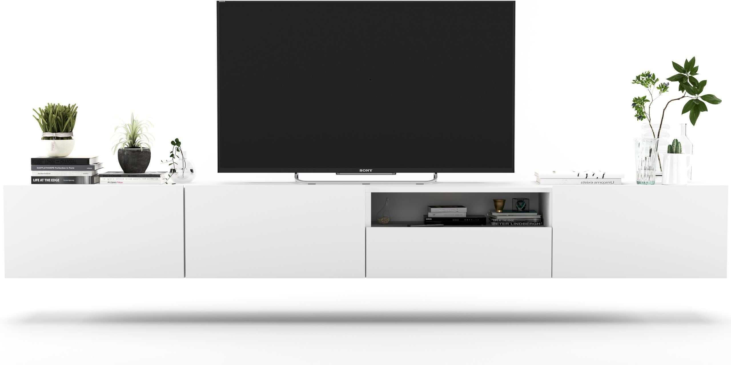 Wisząca szafka RTV Loft 240 cm biały mat, nowoczesna komoda RTV w stylu industrialnym