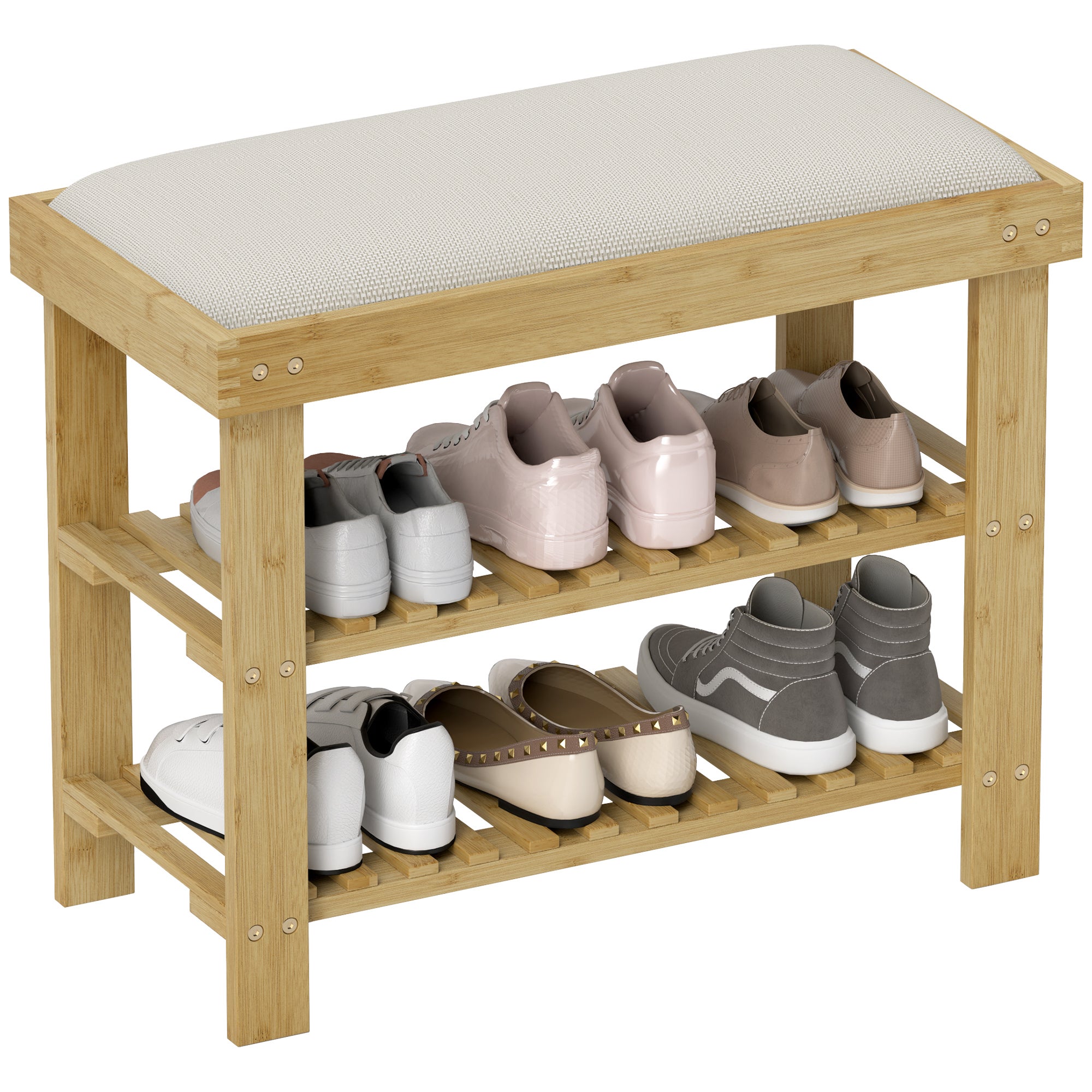 Ławka na buty z bambusa, 3-poziomowa, styl skandynawski, 60 x 29 x 49 cm, kolor kremowy i naturalne drewno