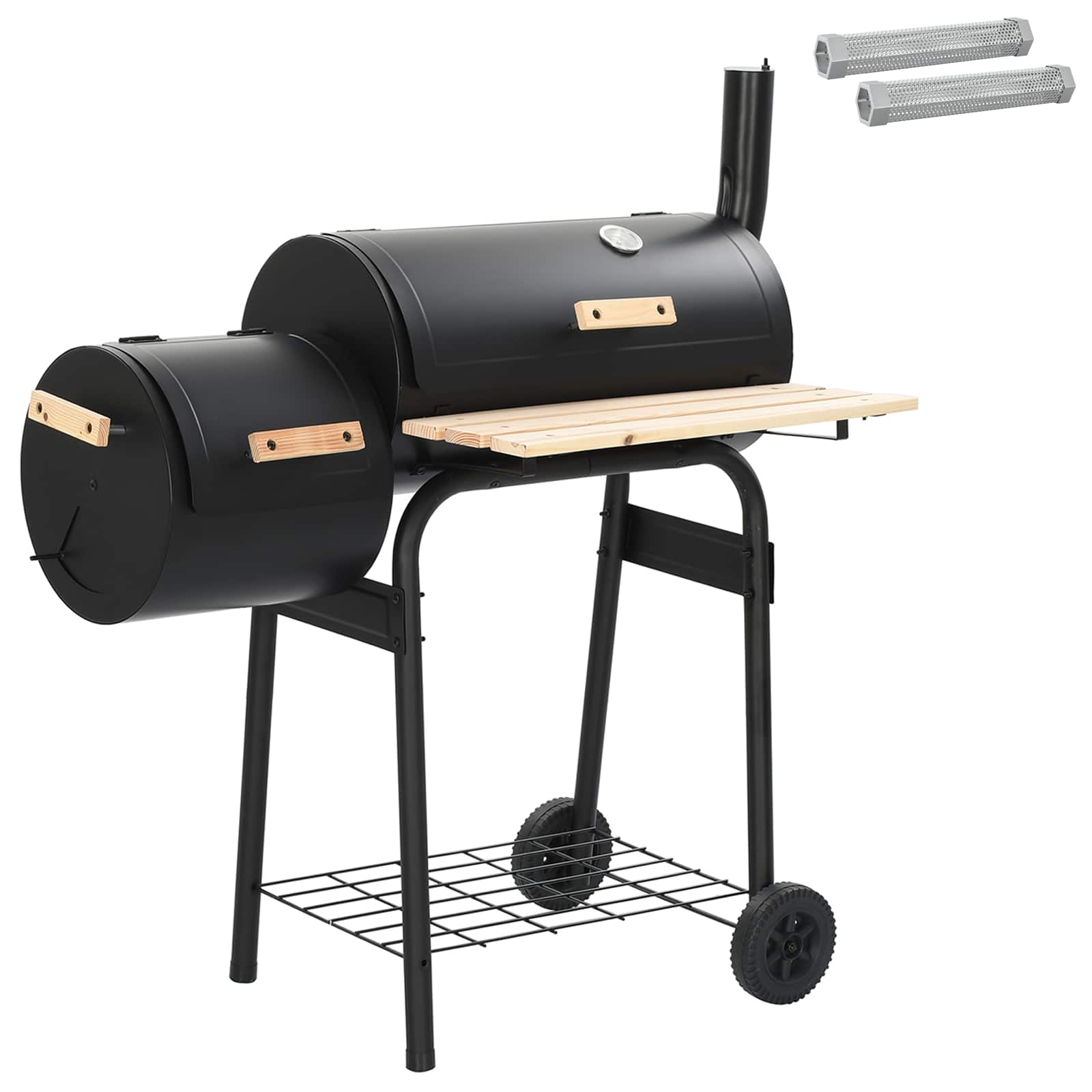 Grill Węglowy z Wędzarnią na Kółkach z Termometrem Stalowy Czarny do Ogrodu