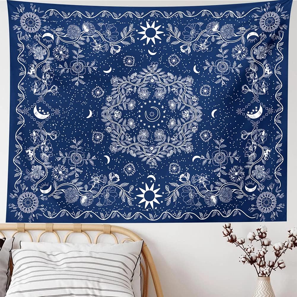 Gobelin ścienny w stylu boho - Gobelin do zawieszenia na ścianie z motywem kwiatowym, niebiańskim słońcem (ciemnoniebieski, duży (60 x 80))
