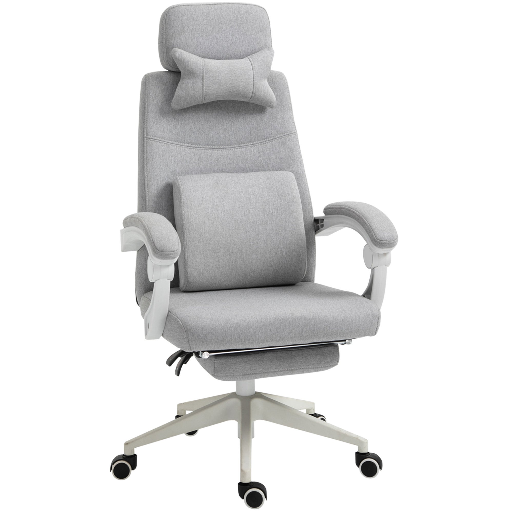 Ergonomiczny fotel biurowy, krzesło biurowe z kółkami, poduszką lędźwiową, zdejmowanym zagłówkiem i podnóżkiem, szary 62x68x117-127 cm