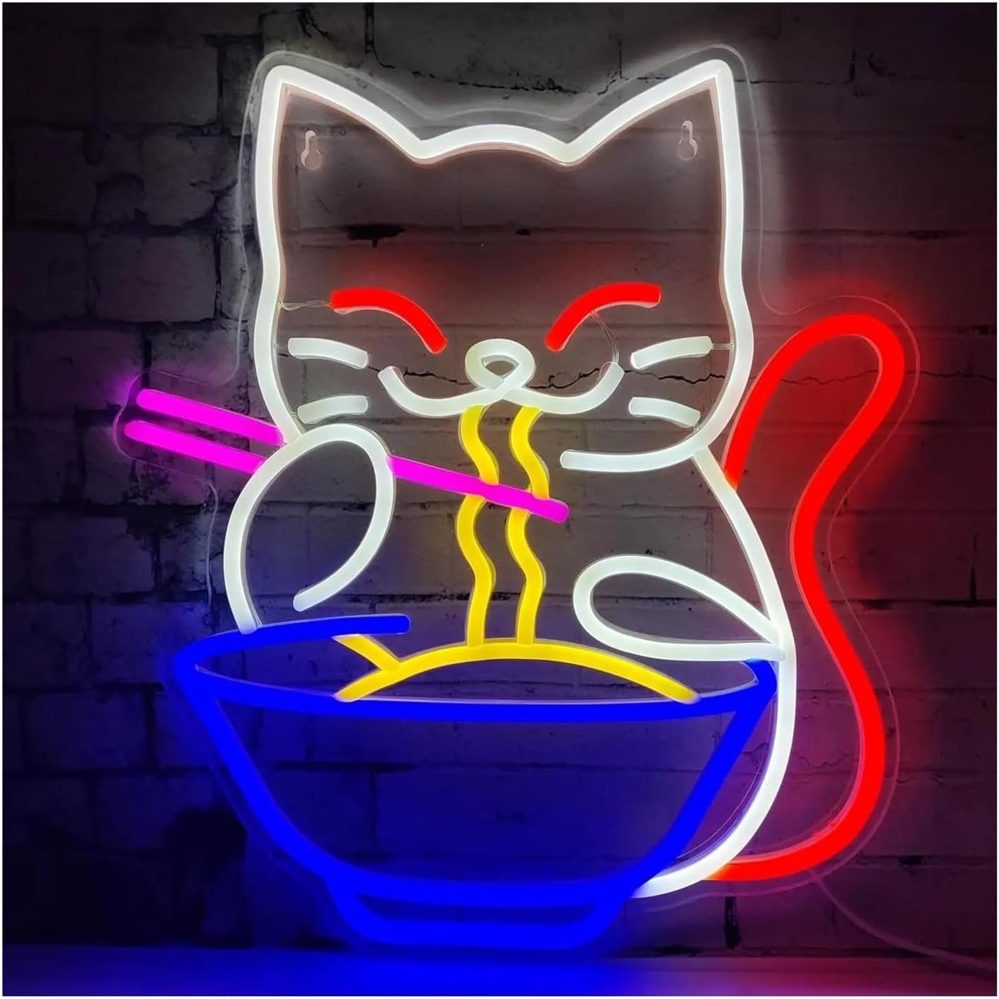 Kolorowy neonowy znak świetlny w kształcie kota ramen do dekoracji ściennej, makaronu, znaku LED USB do restauracji, domu, baru, kuchni, jadalni