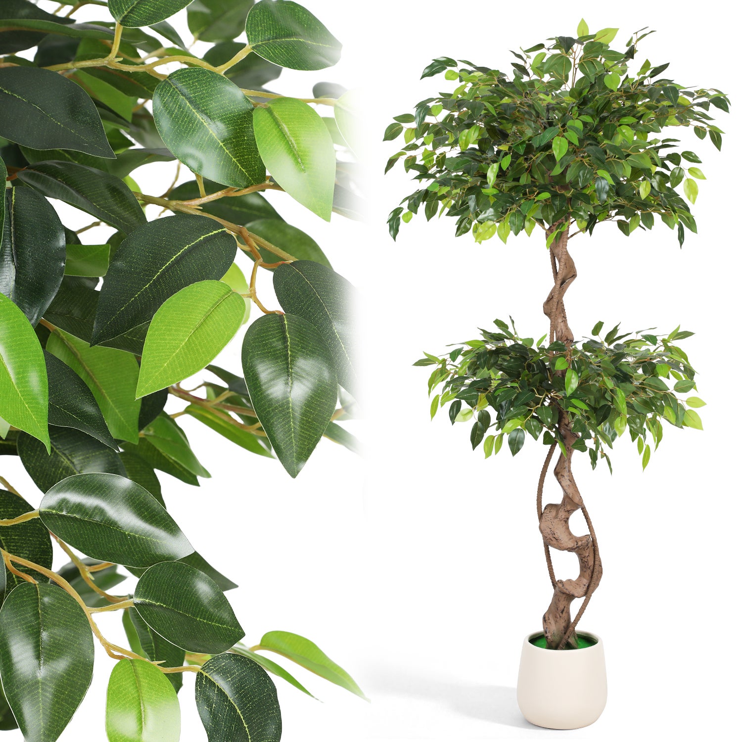 Sztuczna roślina Ficus 150 cm, brązowy pień, biała doniczka