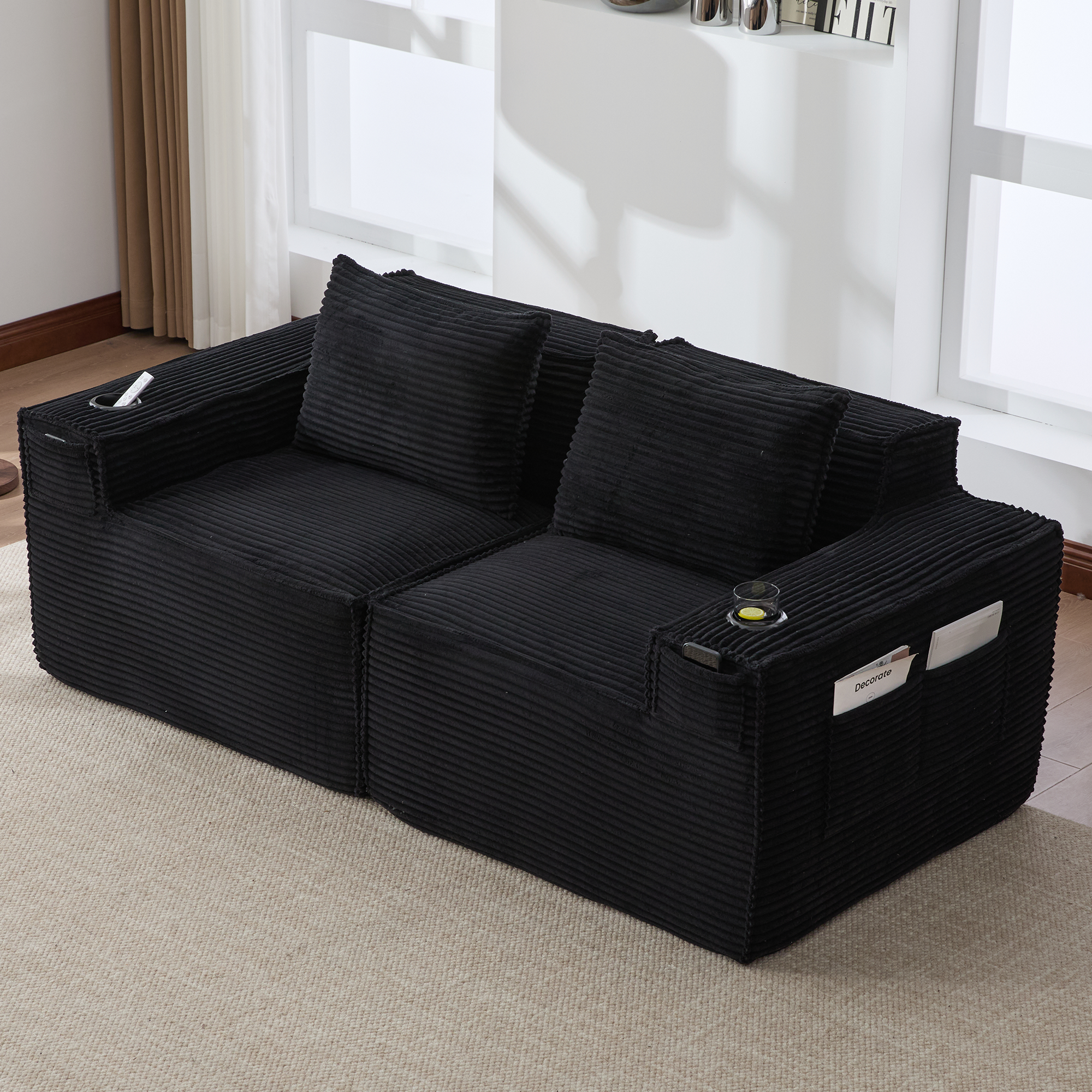 Modułowa 2-osobowa sofa sztruksowa z uchwytami na kubki i bocznymi kieszeniami: rdzeń sprężynowy i pianka o dużej gęstości - stabilna wymiarowo