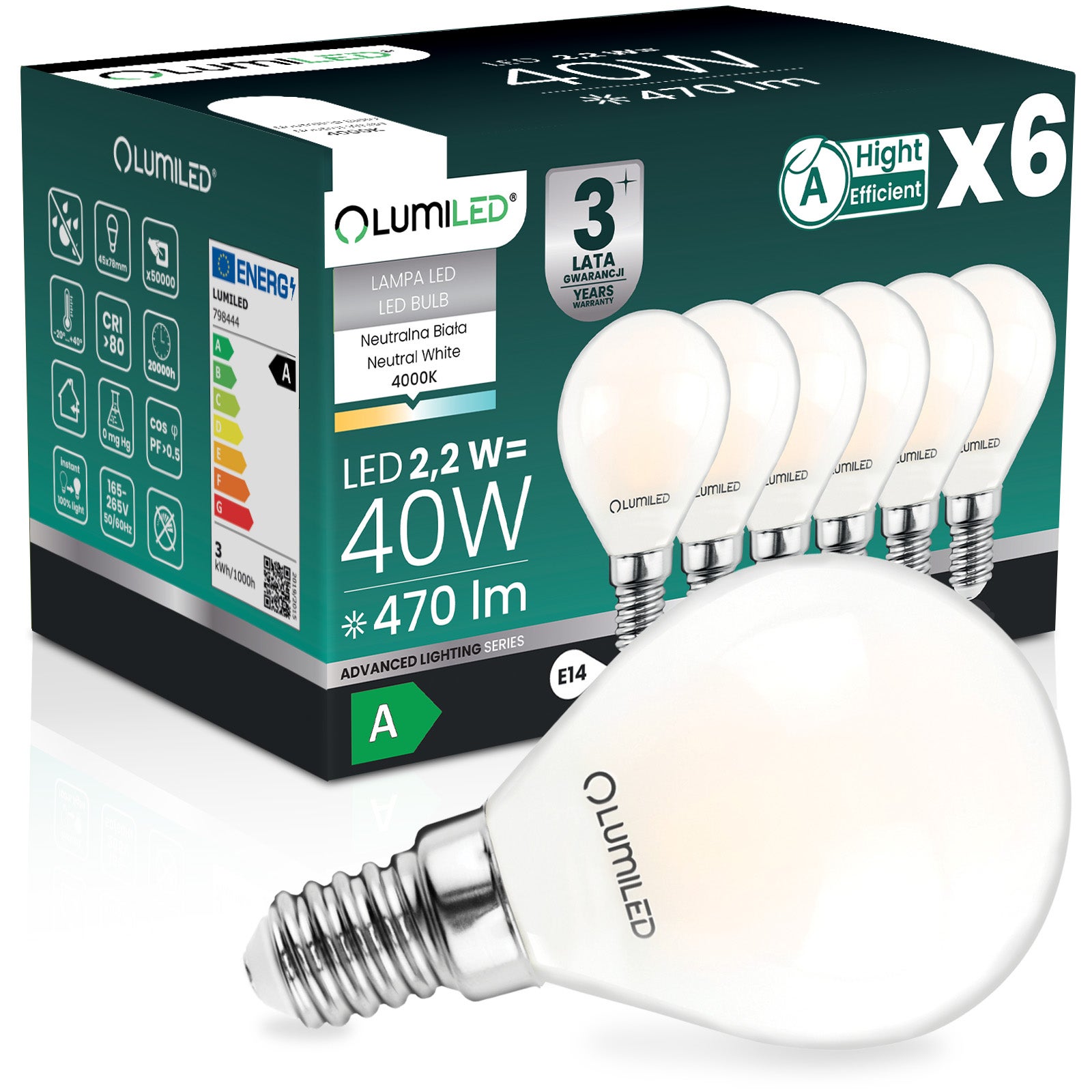 Żarówka LED Lumiled E14 Kulka P45 2.2W 470lm 4000K Neutralna biel 360st Filament KLASA A 6 szt.