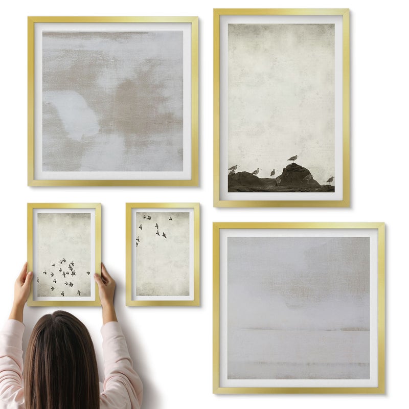 Galeria ścienna 5-częściowy komplet obrazów w złotych ramach - Ptaki w locie i zdarte tekstury styl minimalistyczny - ArtPrintCave