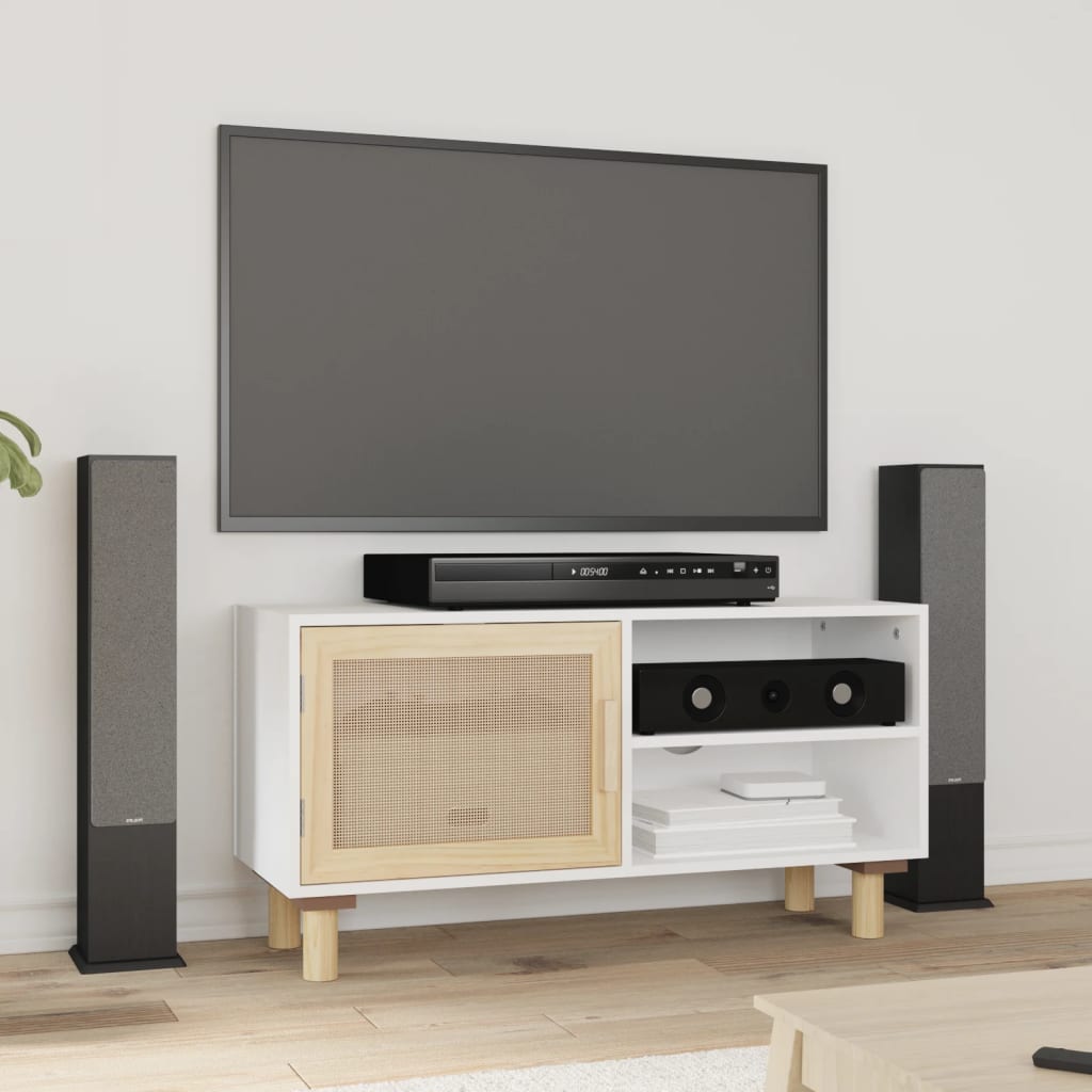 Stolik pod TV, biały, 80x30x40 cm, drewno sosnowe i rattan vidaXL
