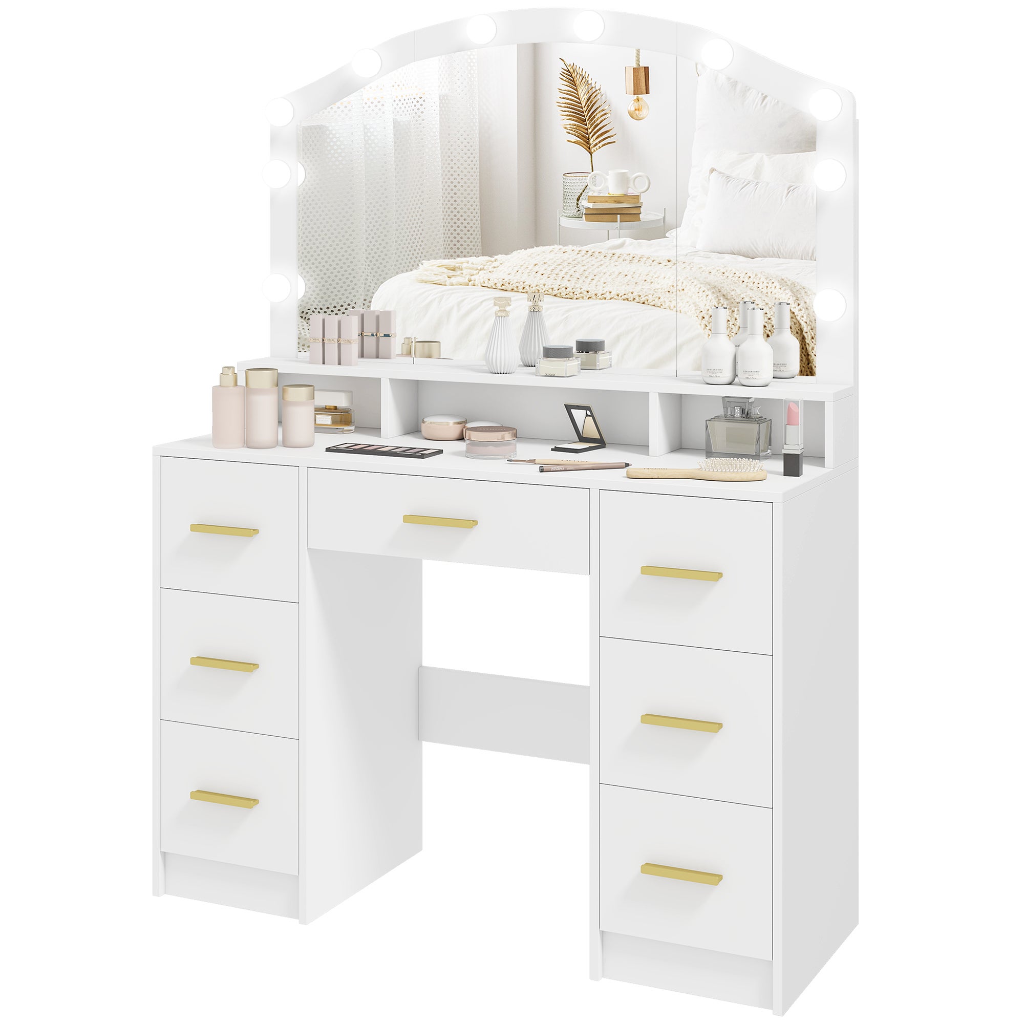 Toaletka z 10 lampkami LED w stylu Hollywood, lustro, 7 szuflad, 3 przegródki, płyta MDF, biała