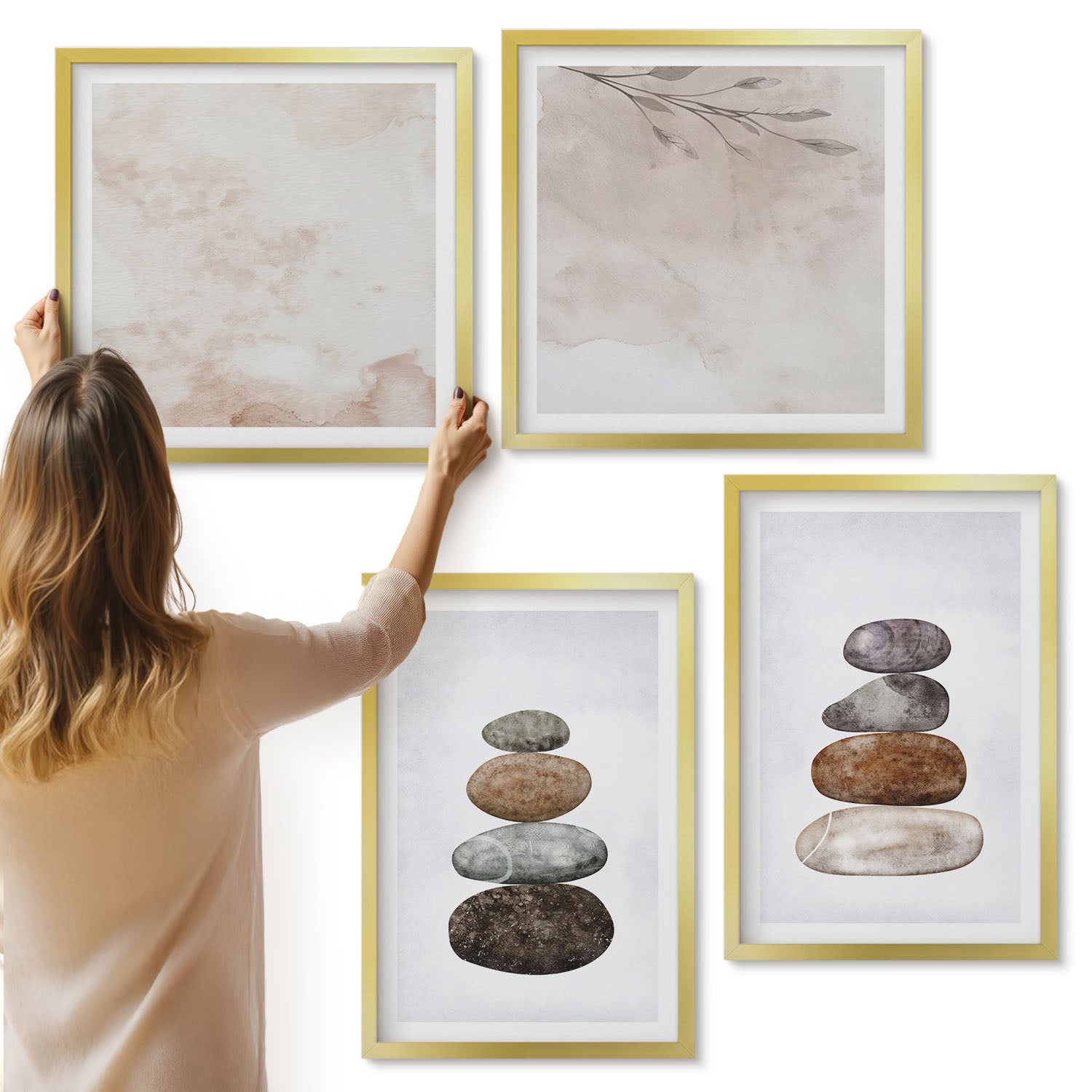 Galeria ścienna 4-częściowy komplet obrazów w złotych ramach - Stosy kamieni minimalistyczne malarstwo boho - ArtPrintCave