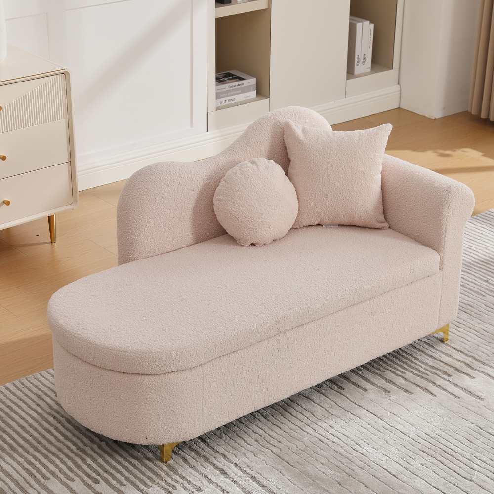 Szezlong 134 cm ze schowkiem, nowoczesny design, faliste oparcie, tkanina pluszowa, poduszki lędźwiowe i pod szyję