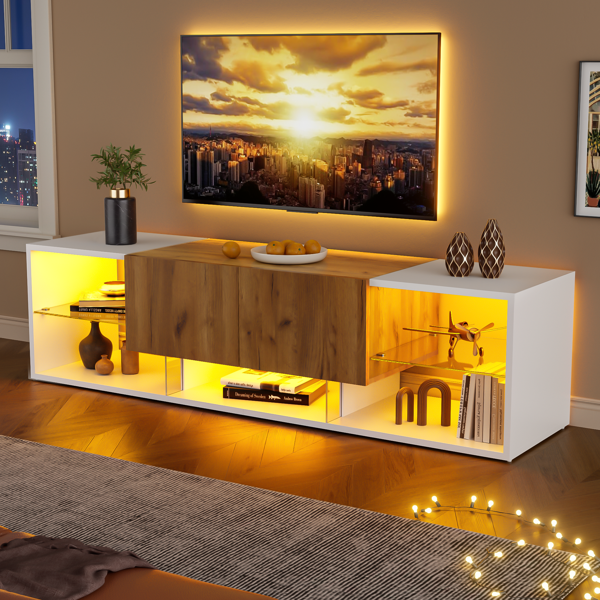 Stół telewizyjny 3-poziomowy do TV do 70 cali z 2 szufladami, biały, 160x40x42 cm, z LED