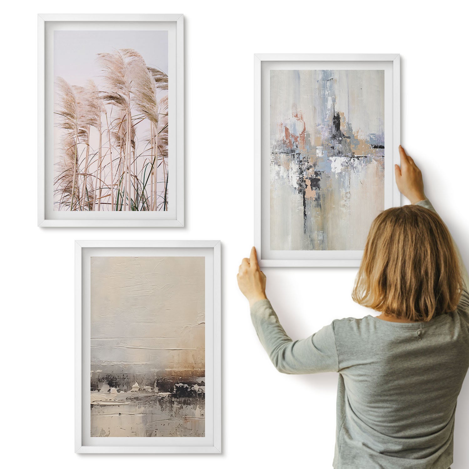 Galeria ścienna 3-częściowy komplet obrazów w białych ramach - Roślinność naturalna abstrakcyjne wzory w stonowanej kolorystyce - ArtPrintCave