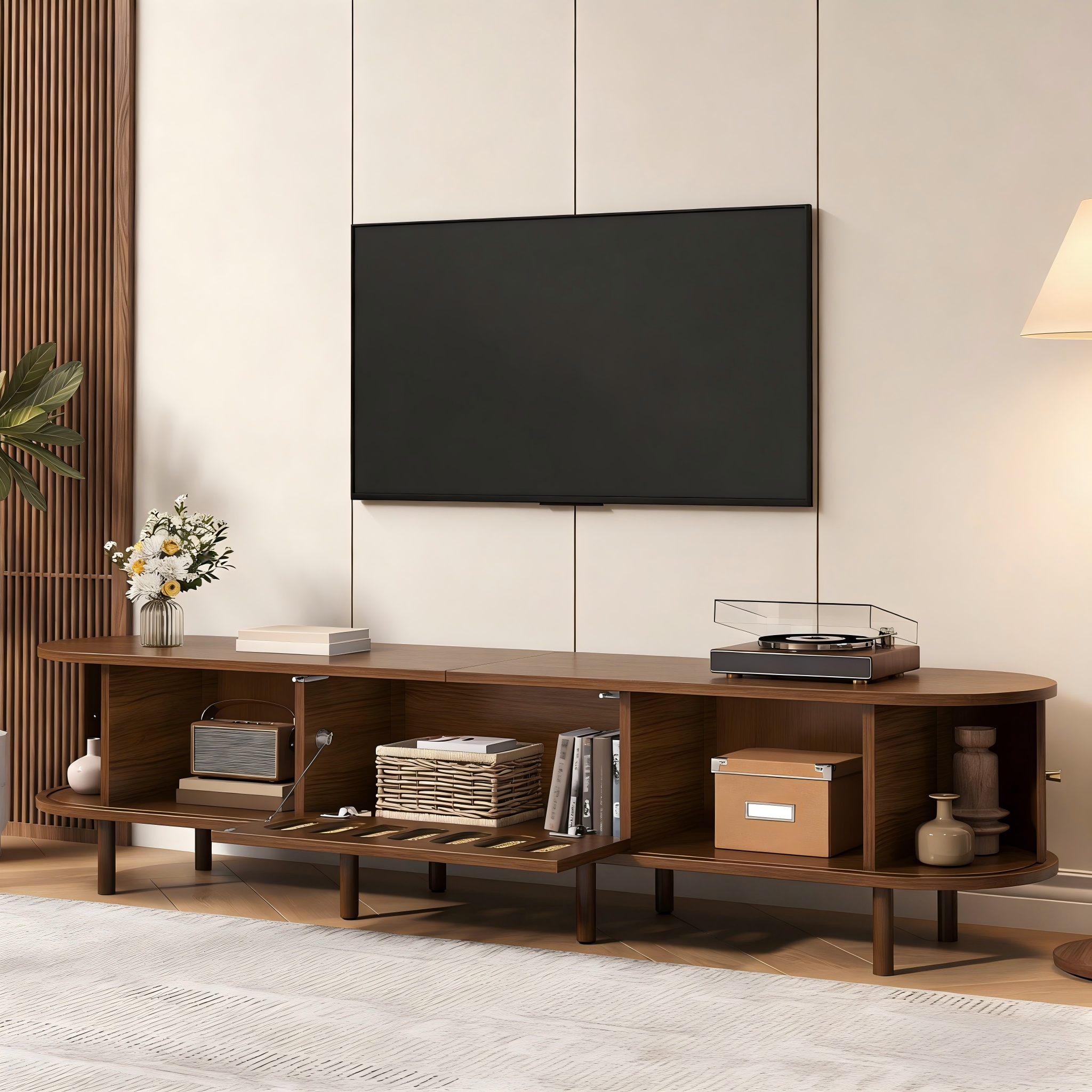 Owalna szafka RTV z 2 drzwiami przesuwnymi i 1 opuszczanymi, wykonana z rattanu - 180 x 40 x 40 cm - MDF - orzech