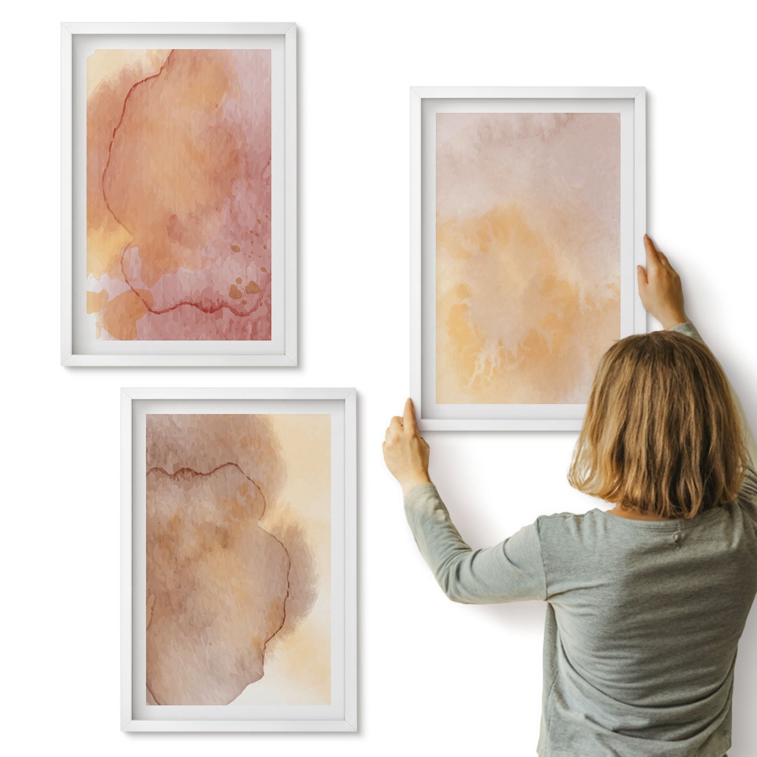 Galeria ścienna 3-częściowy komplet obrazów w białych ramach - Ciepłe akwarele na płótnie barwne tekstury - ArtPrintCave