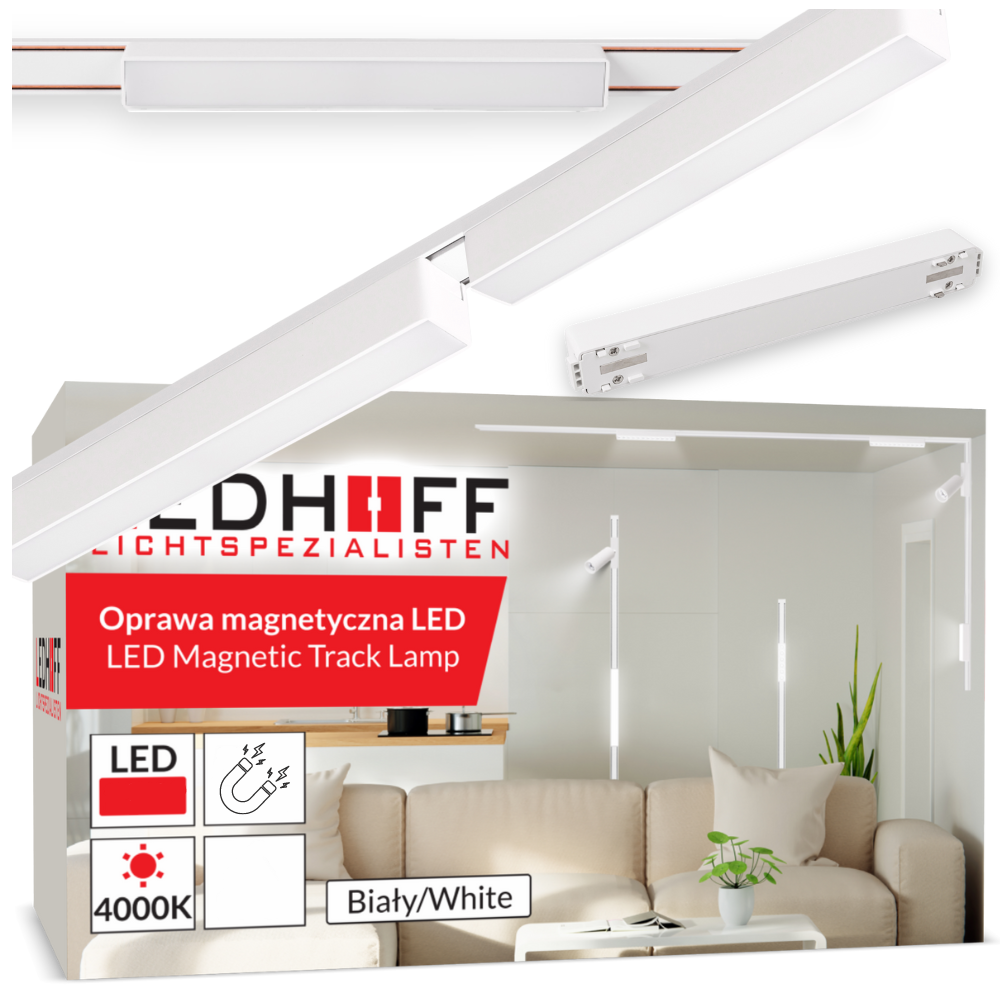Zestaw oświetlenia szynowego LED Biały system magnetyczny szyna 1m + 2 lampy LED NEUTRALNA barwa 4000K LEDHOFF