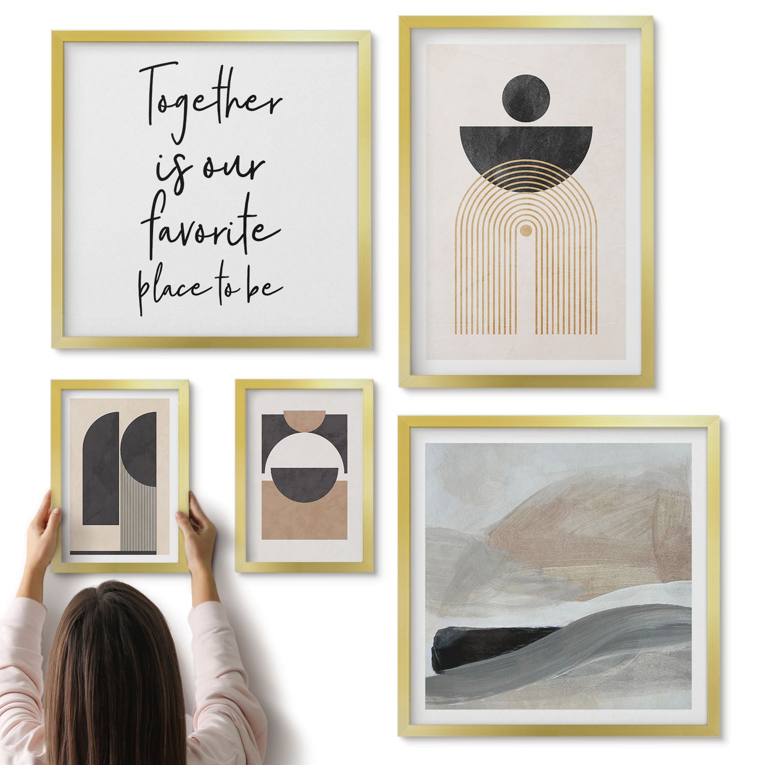Galeria ścienna 5-częściowy komplet obrazów w złotych ramach - Abstrakcyjne formy geometryczne z inspiracją naturą - ArtPrintCave