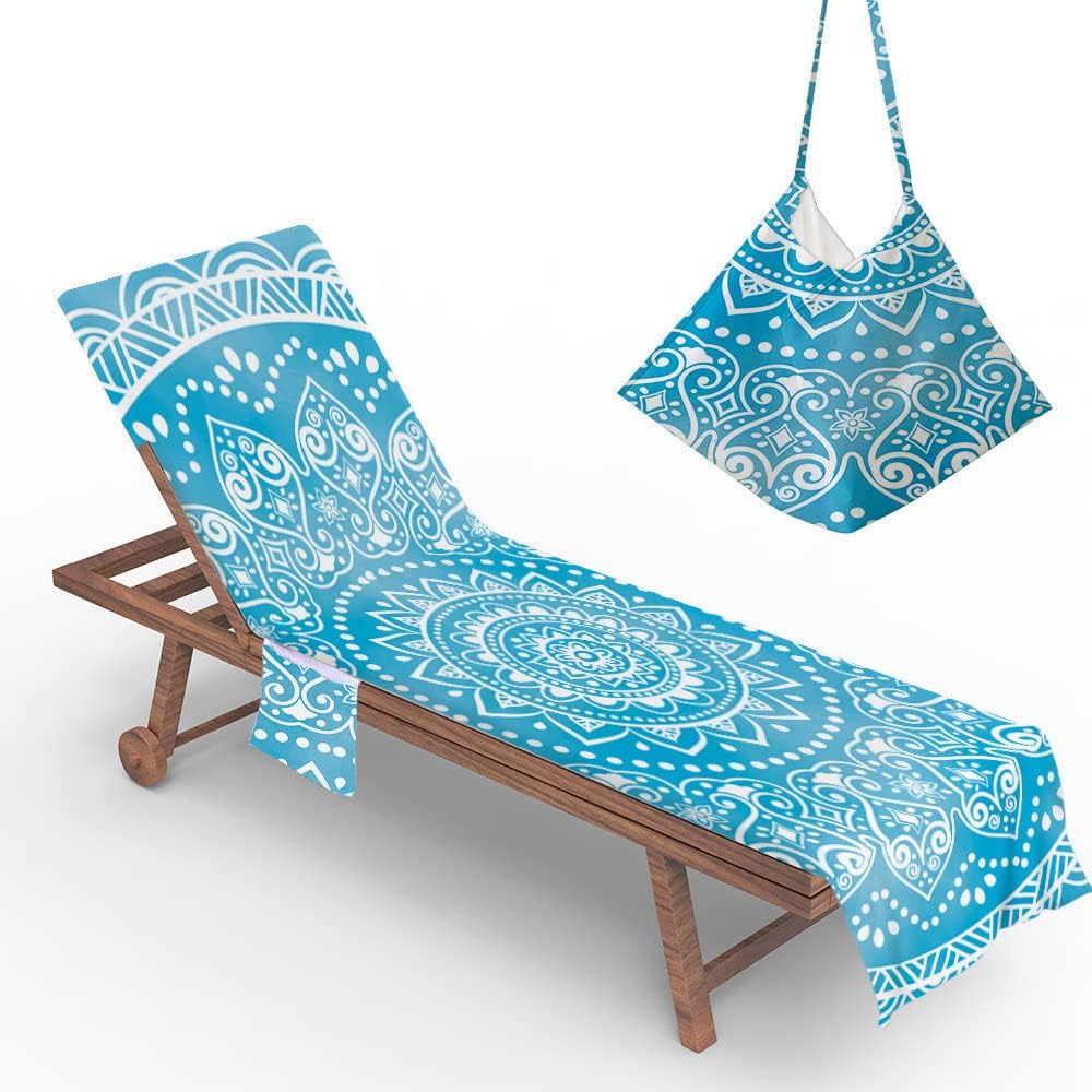 Pokrowiec na leżak plażowy z mikrofibry 75x210 cm, ręcznik plażowy z motywem mandali z kieszeniami do przechowywania, składany i lekki pokrowiec