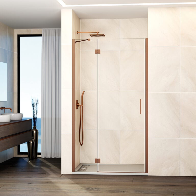 Kabina frontowa GLASS panel stały + drzwi uchylne 115 cm (109,5-115; stały 30+drzwi 80) miedziany szkło przezroczyste