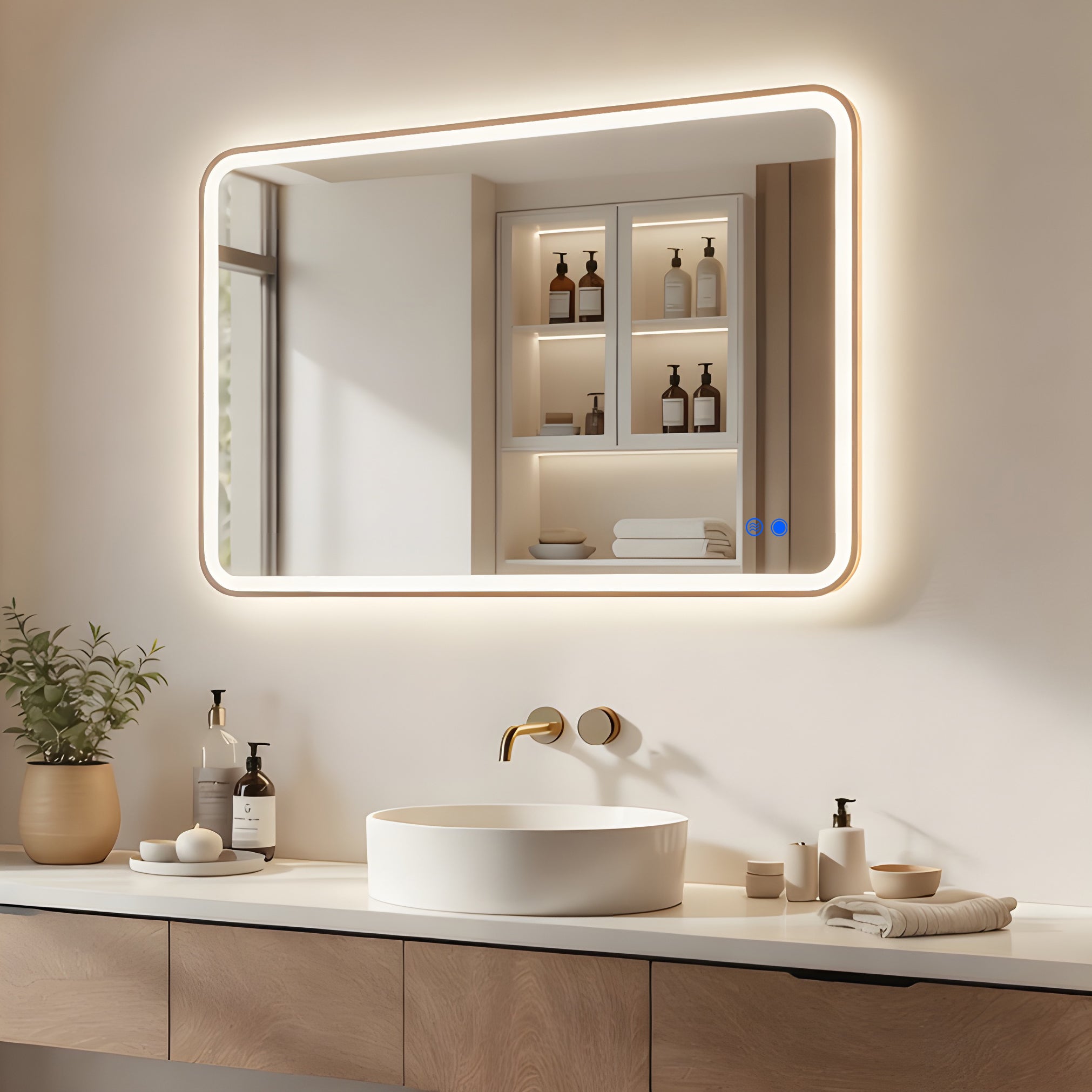 Lustro LED łazienkowe prostokątne arrondi 100x70 cm ARTFORMA – podświetlane, 3 barwy światła, dotykowe, antyzaparowe, rama złoty szczotkowany
