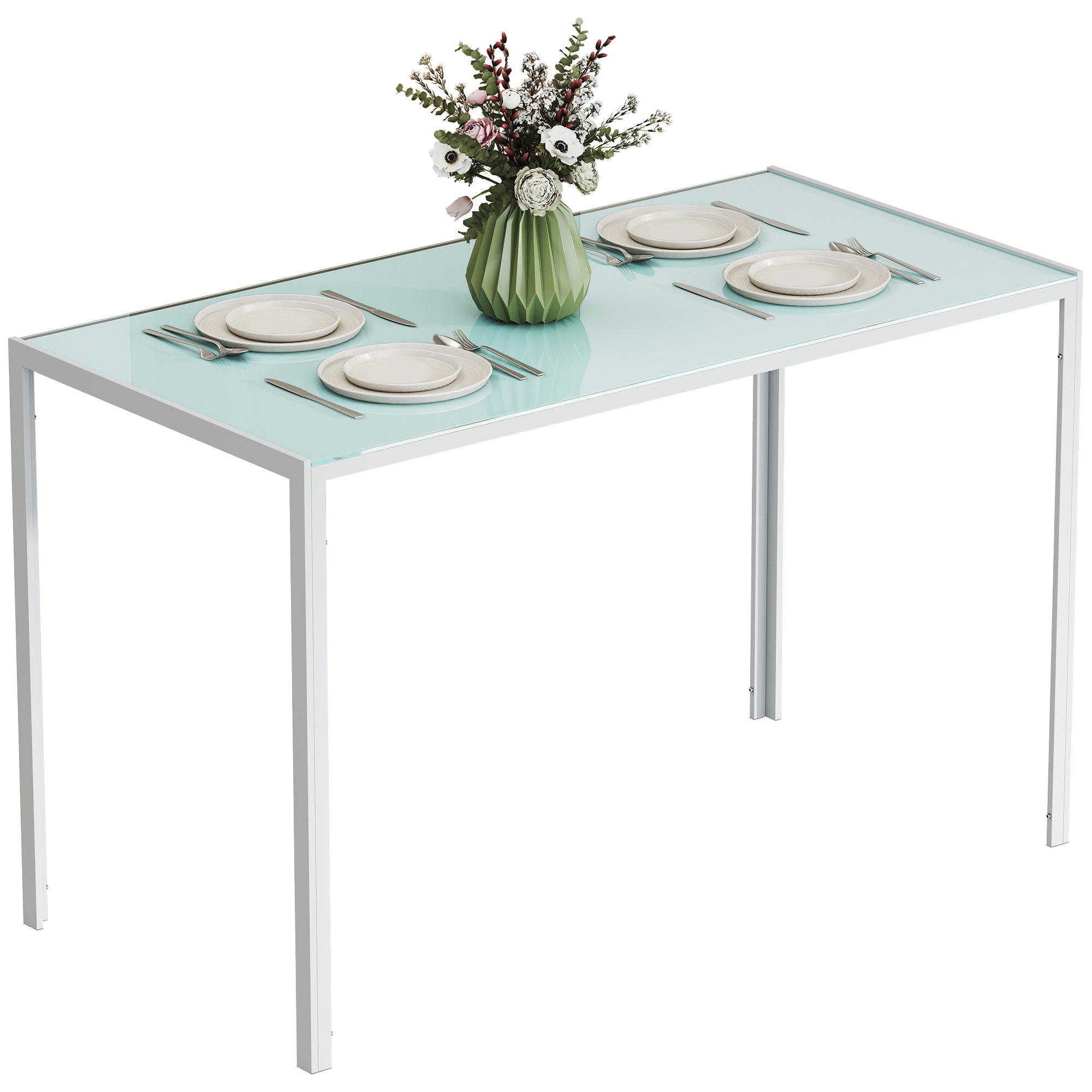 4-osoba stół jadalniany, stół kuchenny z szkło hartowane blat i metal nogi, 120x60x75cm, biały