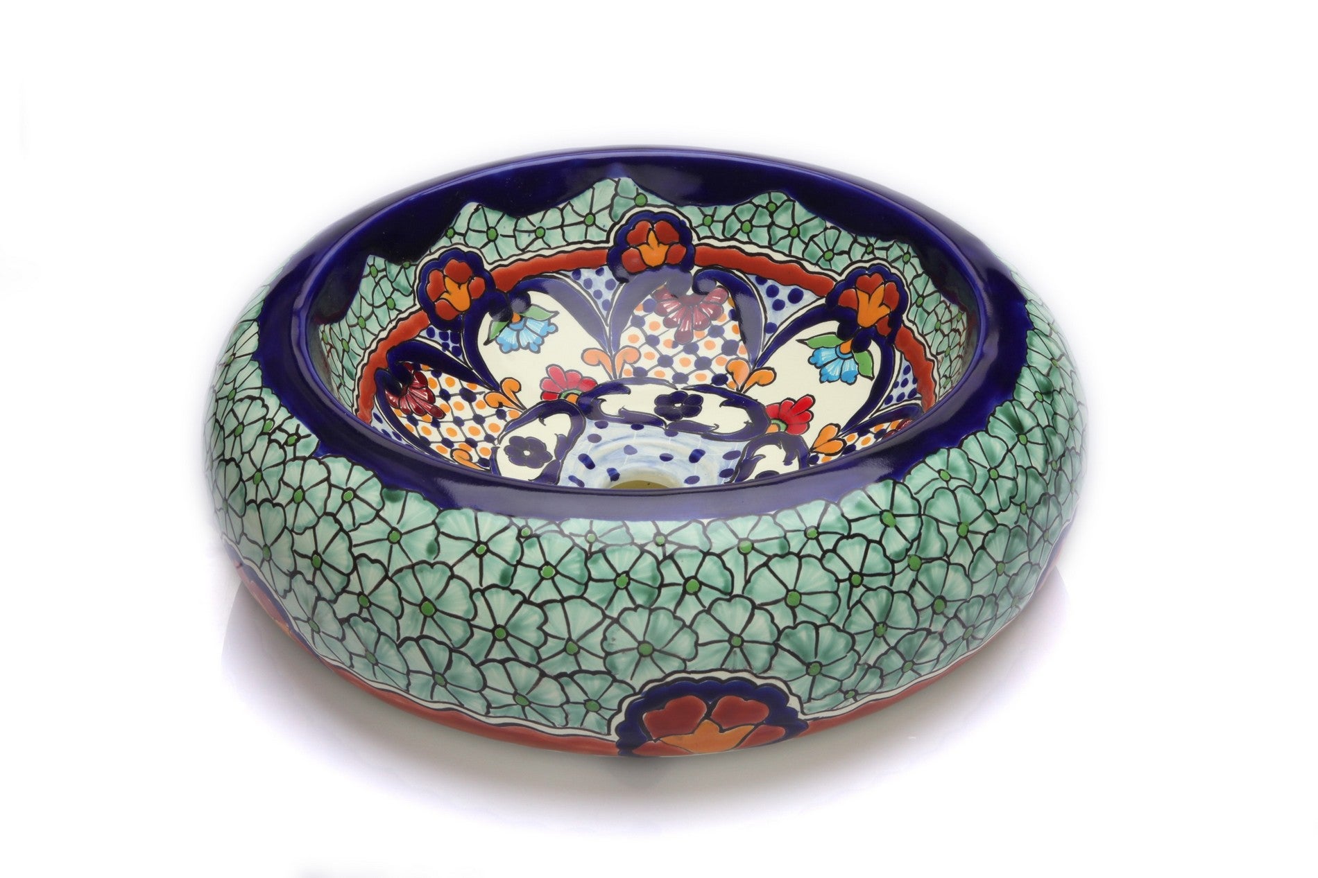 Meksykańska ceramiczna umywalka nablatowa Juanetta – okrągła umywalka łazienkowa 40 x 13,5 cm | Ręcznie wykonana umywalka z motywami Talavera