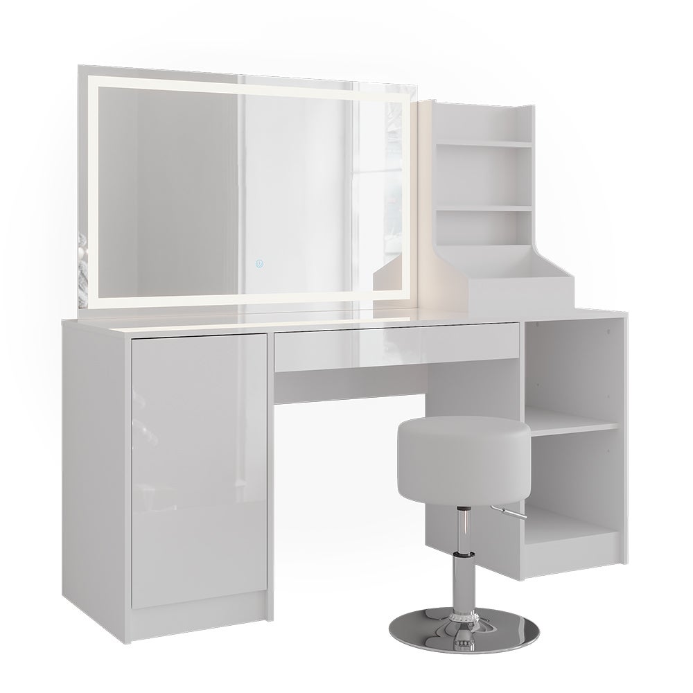 Vicco Stół do toalety Sherry, Biały/Biały wysoki połysk, 158.2 cm z lustrem LED i stołkiem