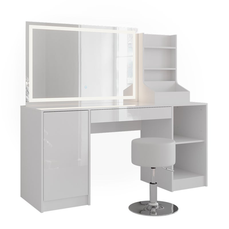 Vicco Stół do toalety Sherry, Biały/Biały wysoki połysk, 158.2 cm z lustrem LED i stołkiem