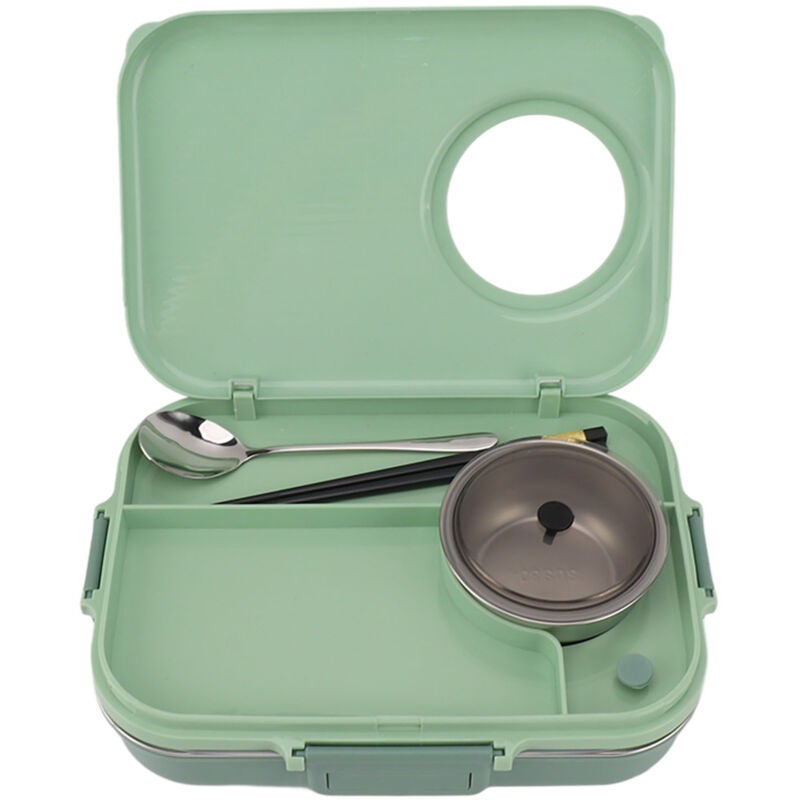 Ten izolowany lunchbox z czterema przegrodami (1200 ml) zawiera miskę na zupę, pokrywkę, łyżkę i parę pałeczek.