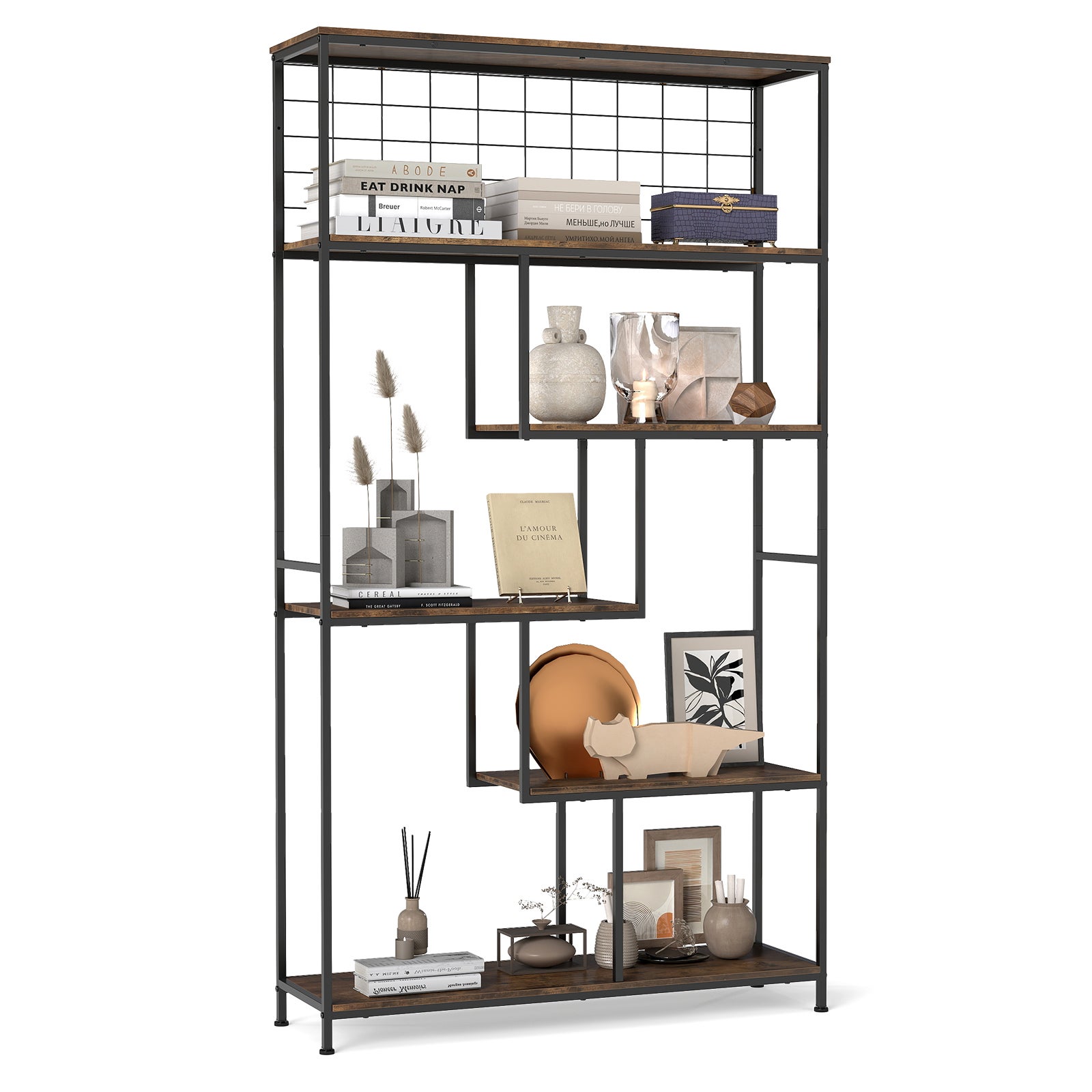 6-poziomowy stojak na rośliny, wysoka biblioteczka z metalową siatką, do salonu lub tarasu, 100 x 30 x 180 cm, brązowy rustykalny