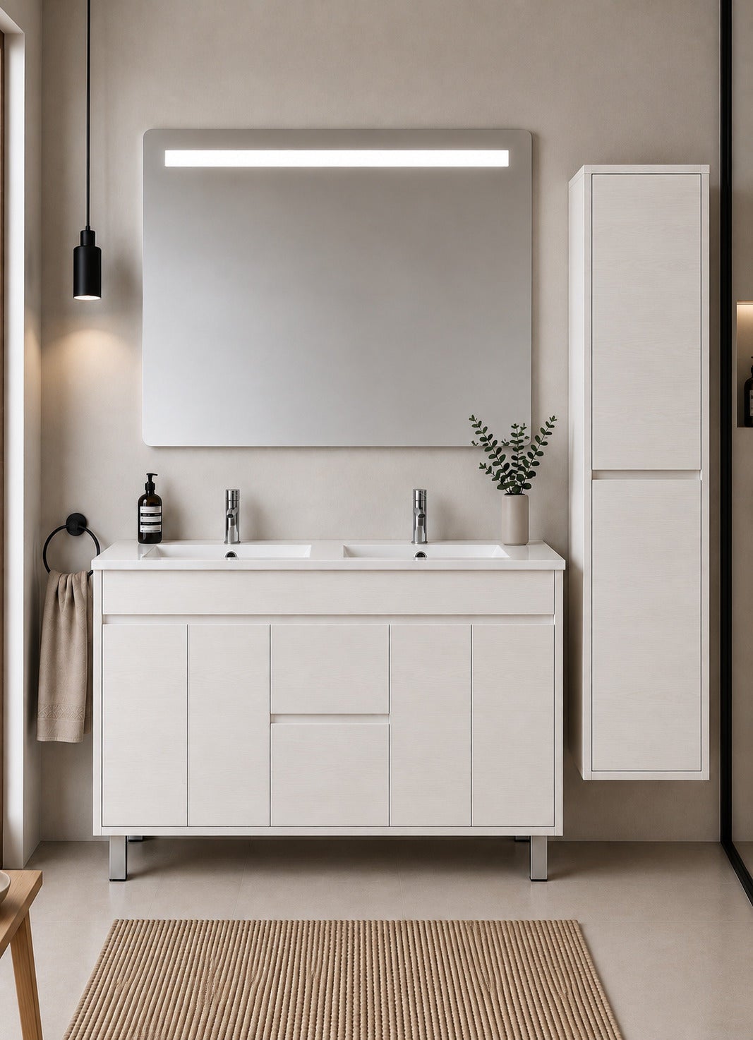 Szafka łazienkowa z umywalką ORIGENBATH ISQUIA bez lustra 120x45 cm podwójna umywalka biały nordycki z kolumną