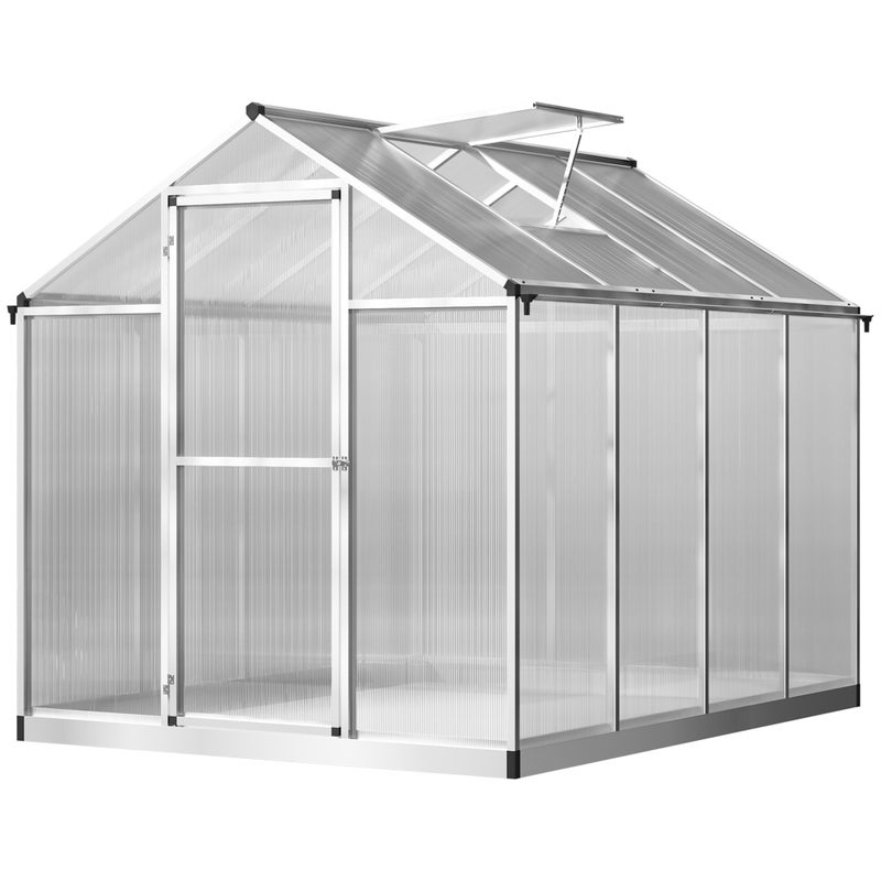 Szklarnia aluminiowo-poliwęglanowa, 4,6 m², wymiary 2,42 m dł. x 1,9 m szer. x 1,95 m wys., z oknem dachowym i drzwiami zamykanymi na zatrzask