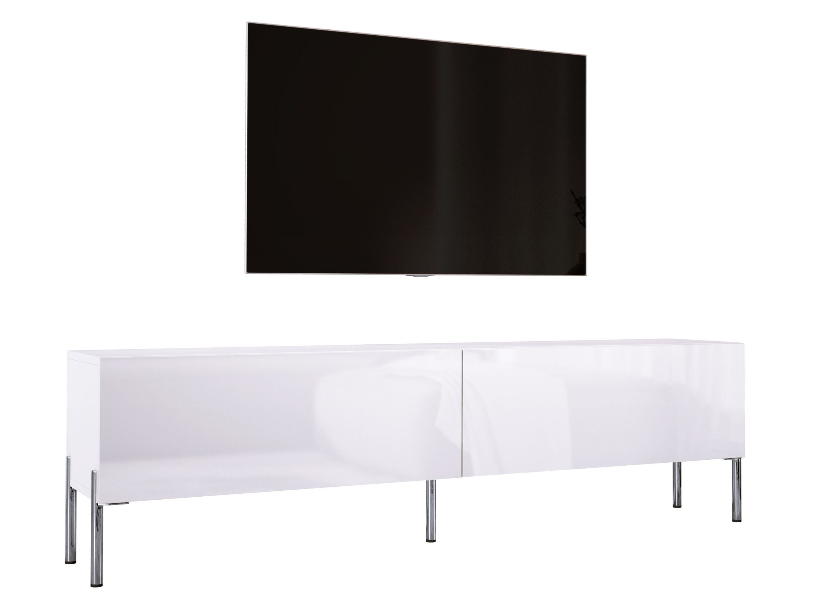 Szafka RTV: Biały Matowy / Biały Błyszczący, Nogi Chromowane, 170 x 52 x 32 cm