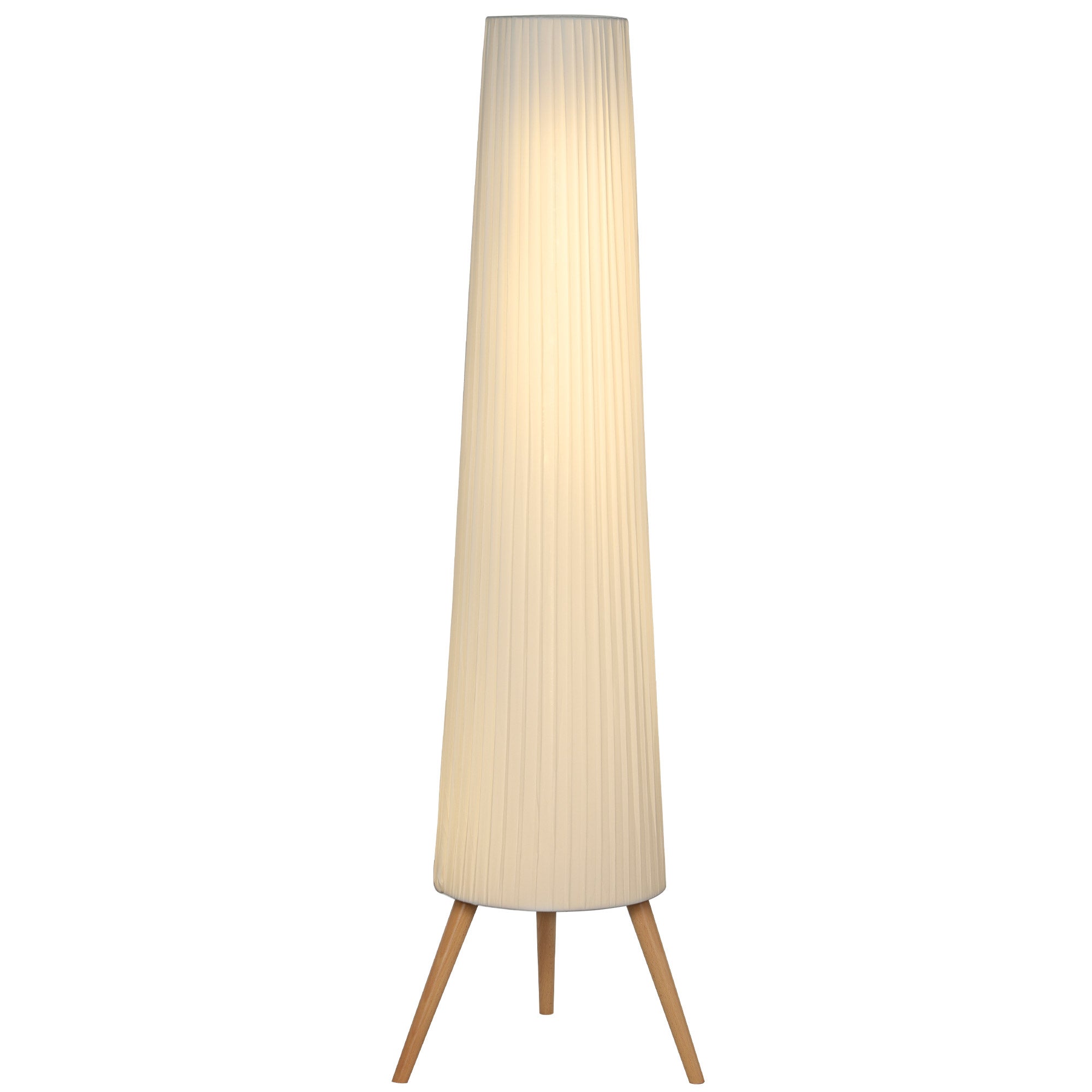 Lampa podłogowa z podstawą trójnożną, 3 poziomami regulacji jasności, przełącznikiem nożnym, drewnianymi nogami i abażurem z tkaniny, biała