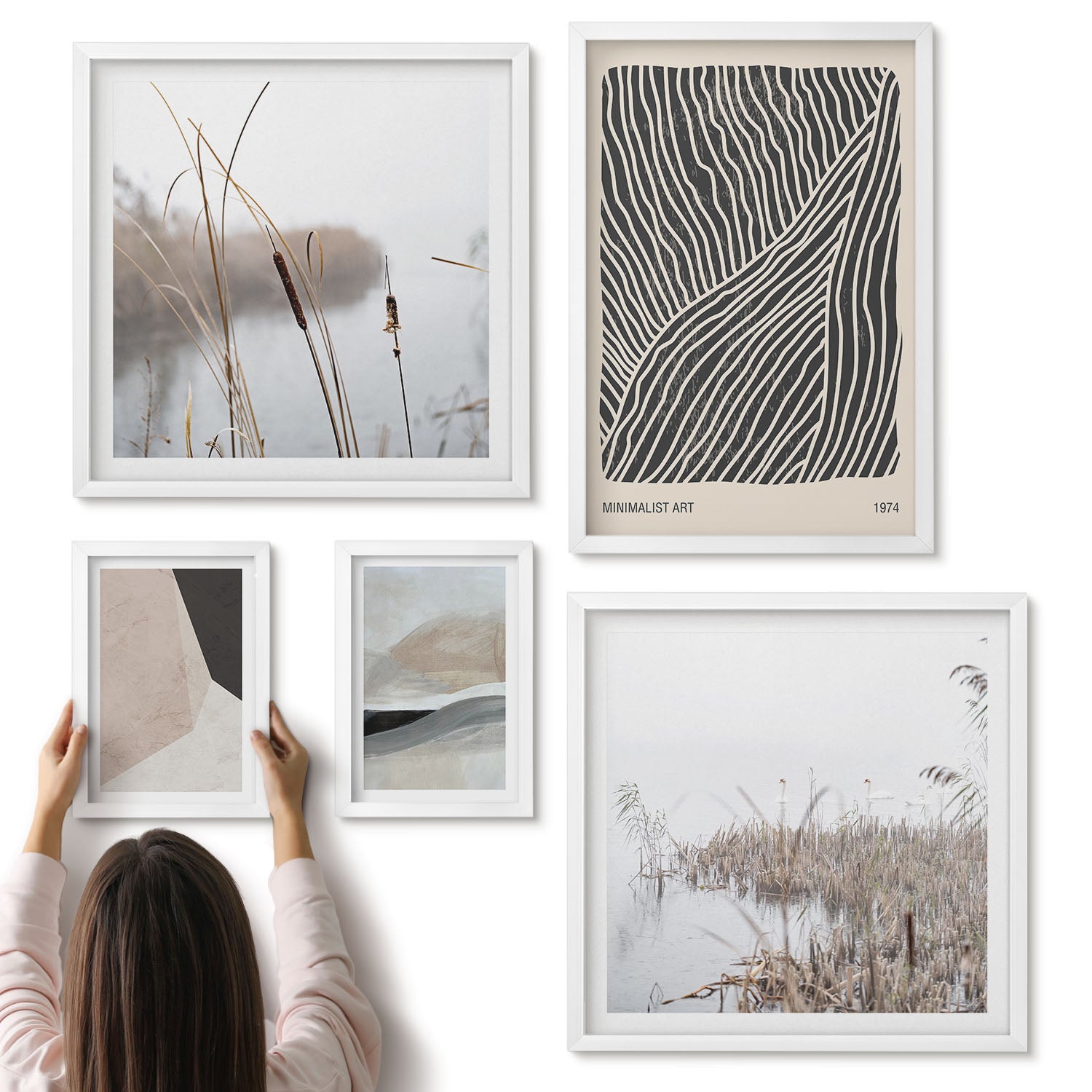 Galeria ścienna 5-częściowy komplet obrazów w białych ramach - Minimalistyczna sztuka z motywami natury i abstrakcji - ArtPrintCave