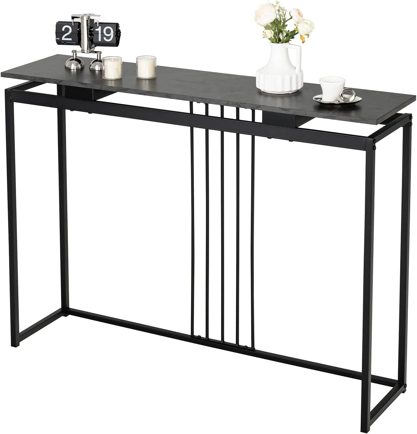 Stolik konsola z drewna o wyglądzie marmuru, stolik pomocniczy z czarną metalową ramą, nowoczesny stolik do korytarza, 120 x 30 x 90 cm
