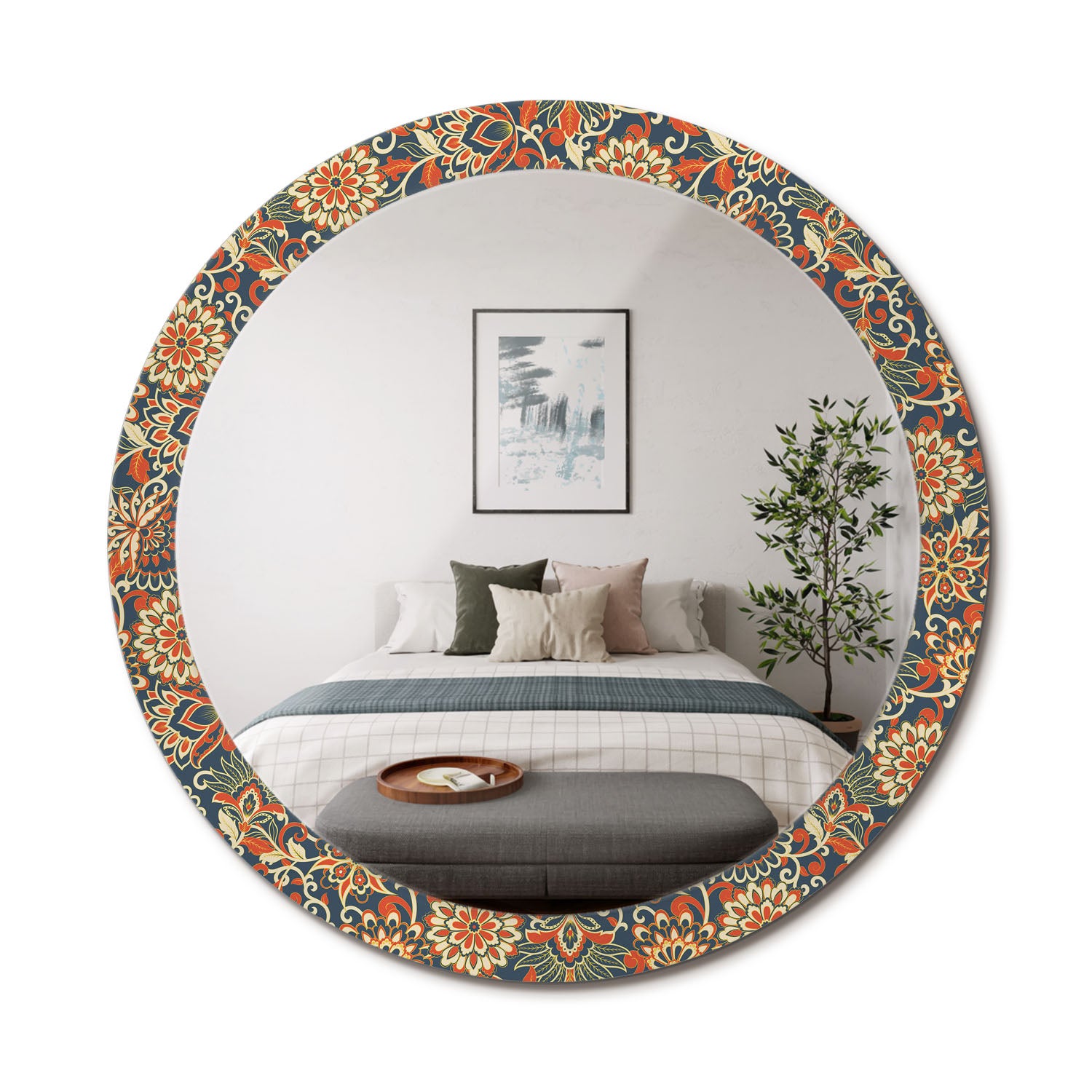 Designerskie lustro z nadrukiem, hartowane szkło, styl współczesny Retro kwiaty - 90 cm - ArtPrintCave