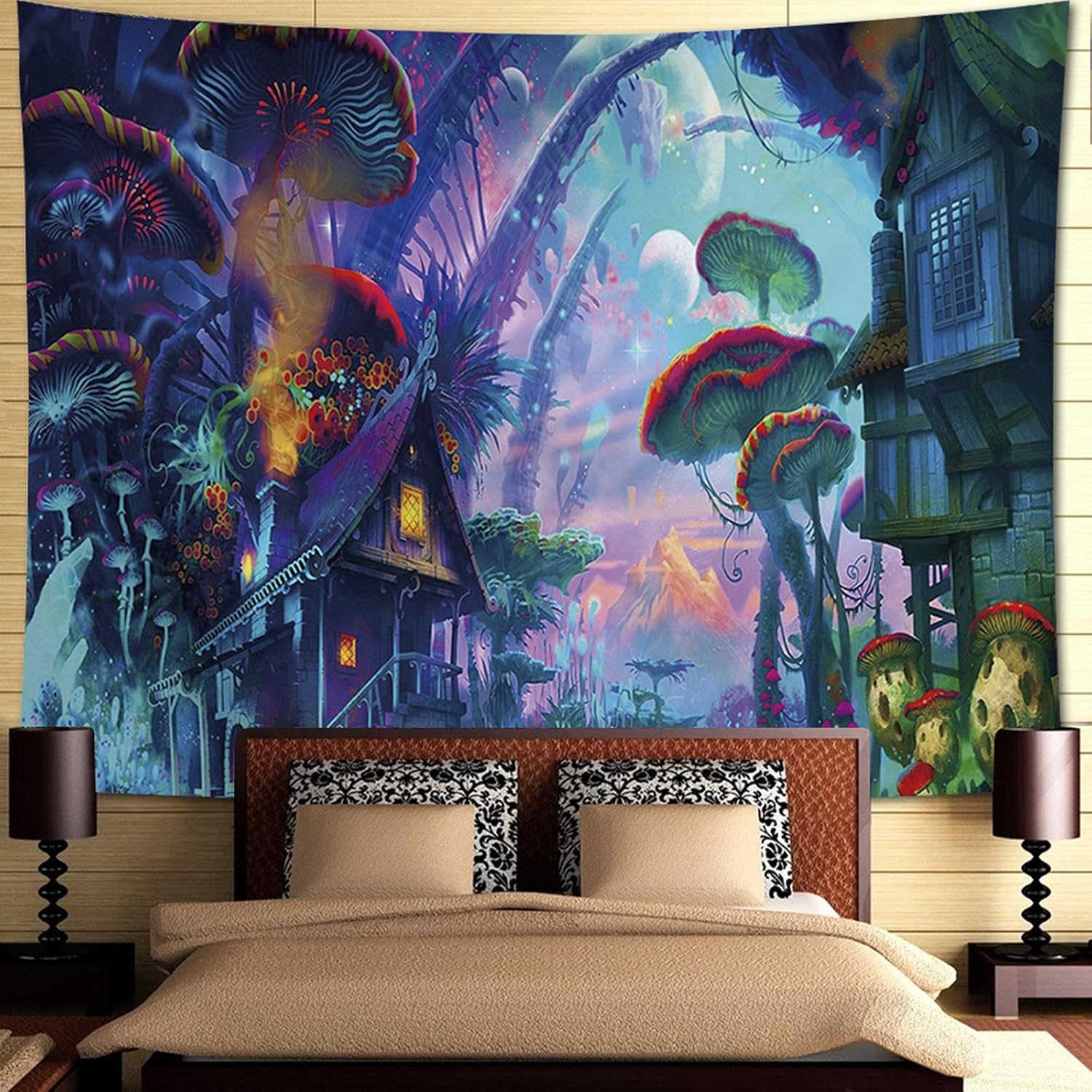 (150 x 200 cm)Wiszący gobelin z motywem lasu i grzybów - dekoracja ścienna do sypialni