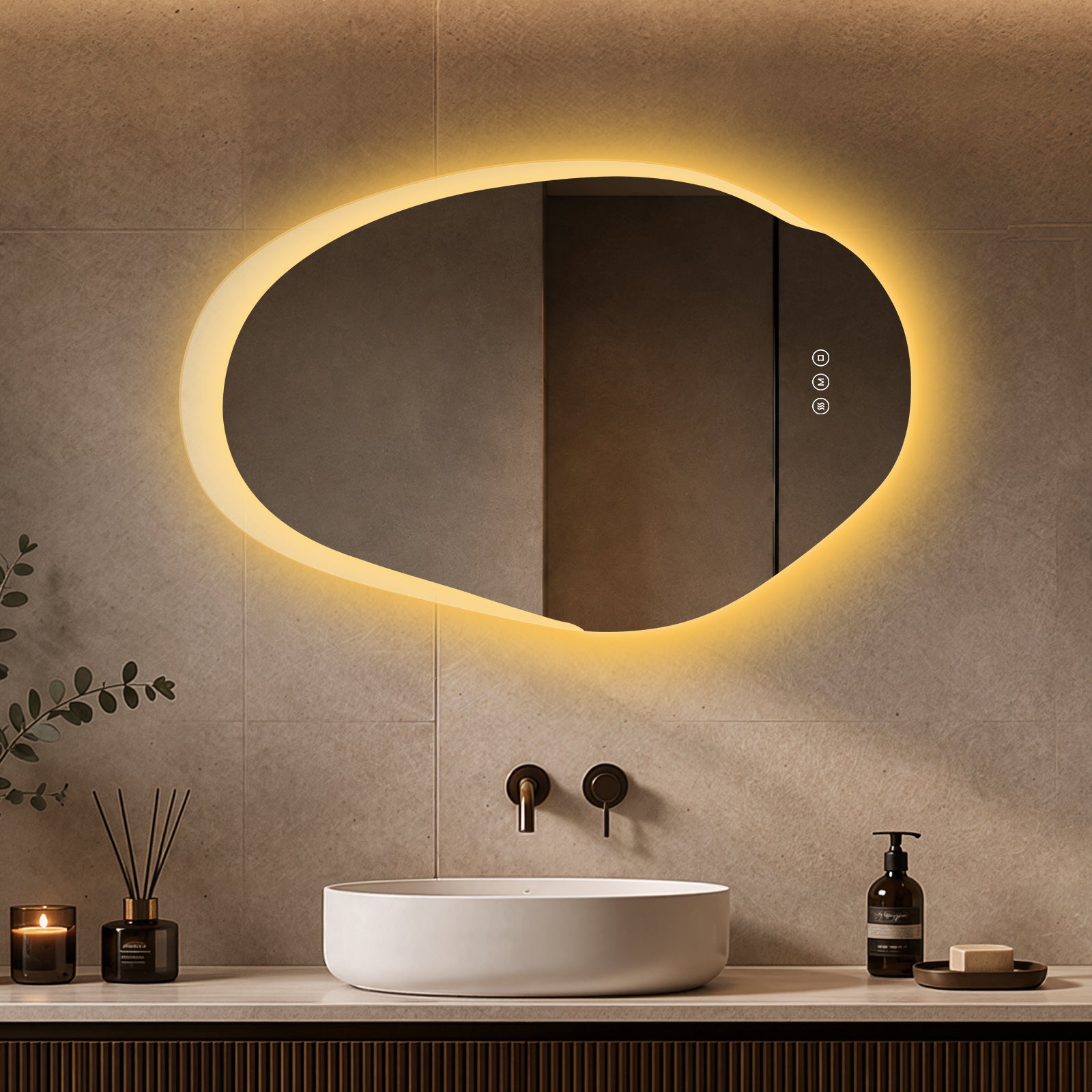 Lustro z oświetleniem LED asymetryczne 55 × 85 cm, lustro łazienkowe z satynową podświetlaną krawędzią, 3 barwy światła, przeciwmgielna
