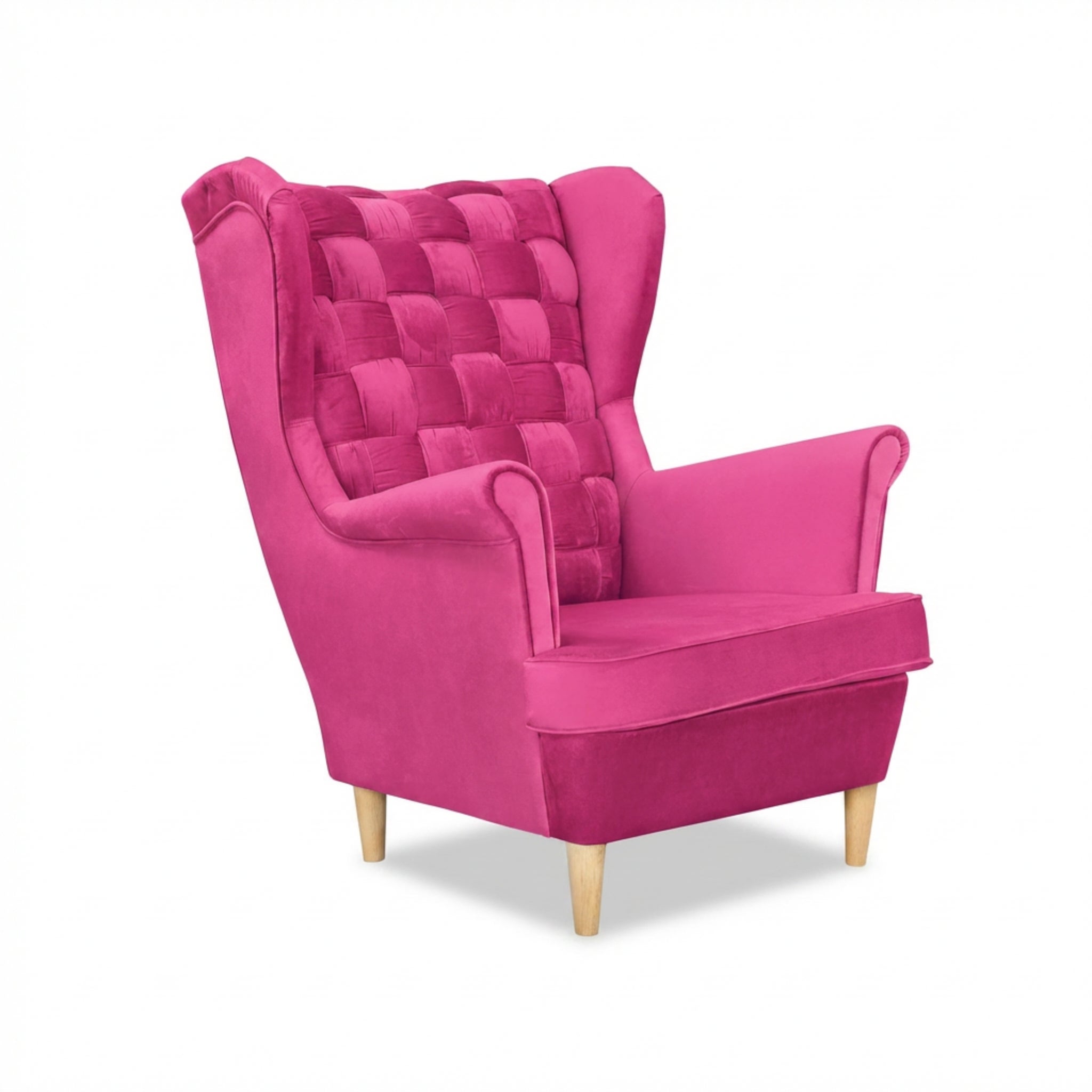 Fotel uszak skandynawski fuksja pink róż girls welurowy Carol Family Meble
