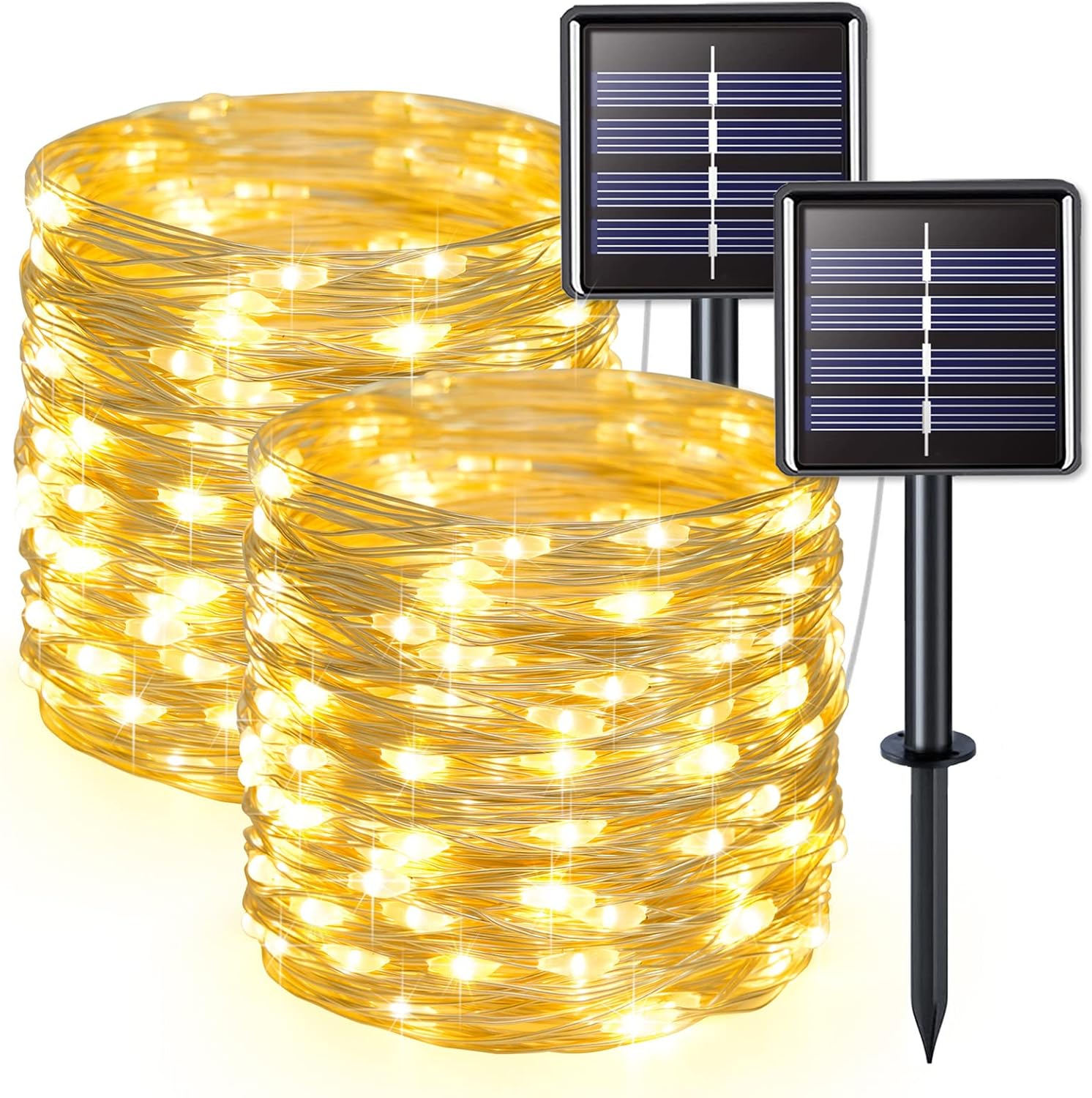 Dwa zasilane energią słoneczną zewnętrzne lampki choinkowe o długości 22 m każda, z 200 ciepłymi, białymi diodami LED i 8 trybami oświetlenia