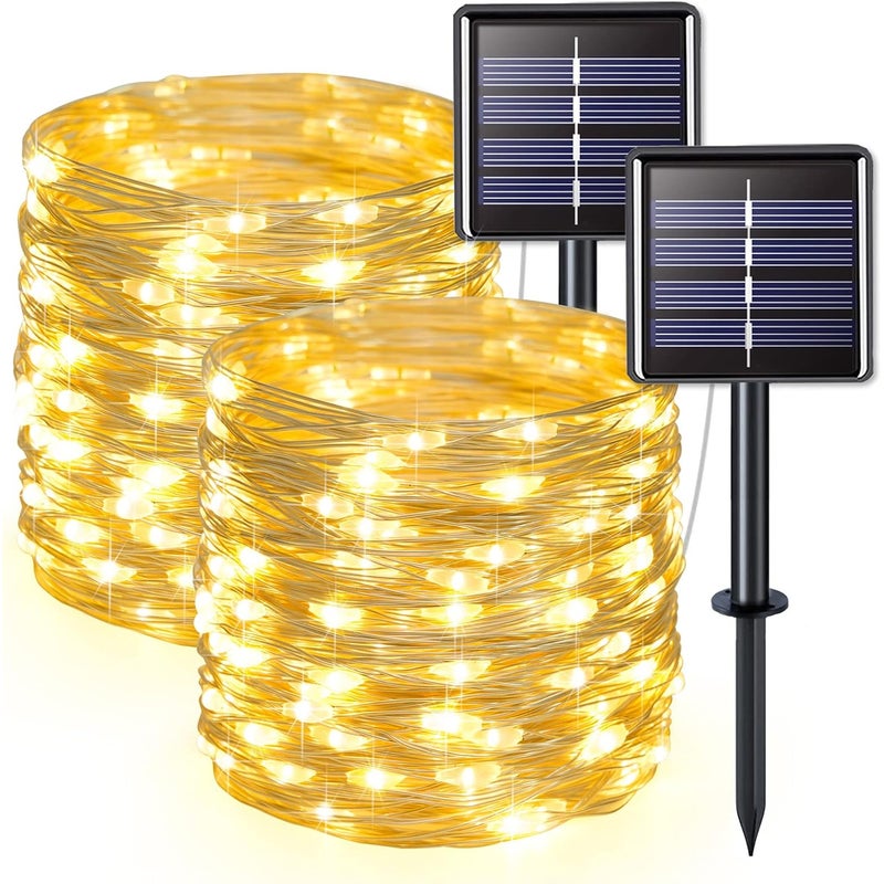 Dwa zasilane energią słoneczną zewnętrzne lampki choinkowe o długości 22 m każda, z 200 ciepłymi, białymi diodami LED i 8 trybami oświetlenia